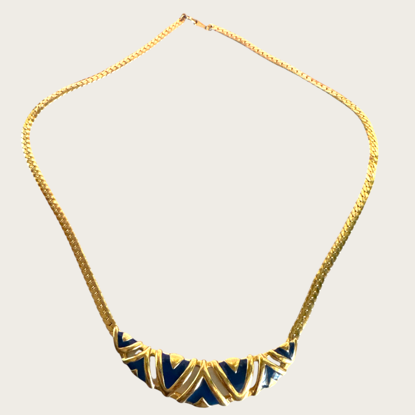 Vintage Monet Navy Blue Enamel and Gold-Tone Chevron Bar Necklace – 1980s Statement Jewelry