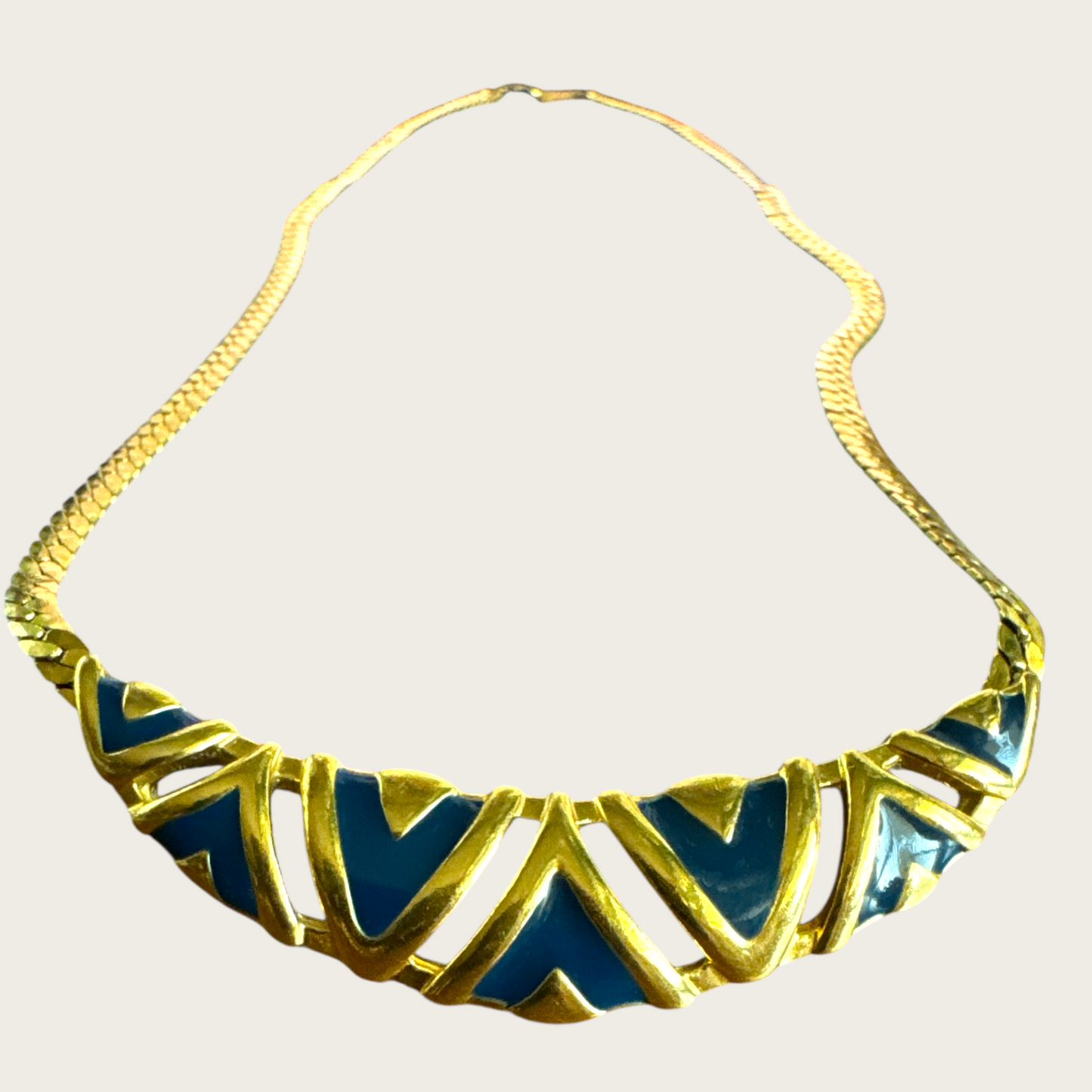 Vintage Monet Navy Blue Enamel and Gold-Tone Chevron Bar Necklace – 1980s Statement Jewelry