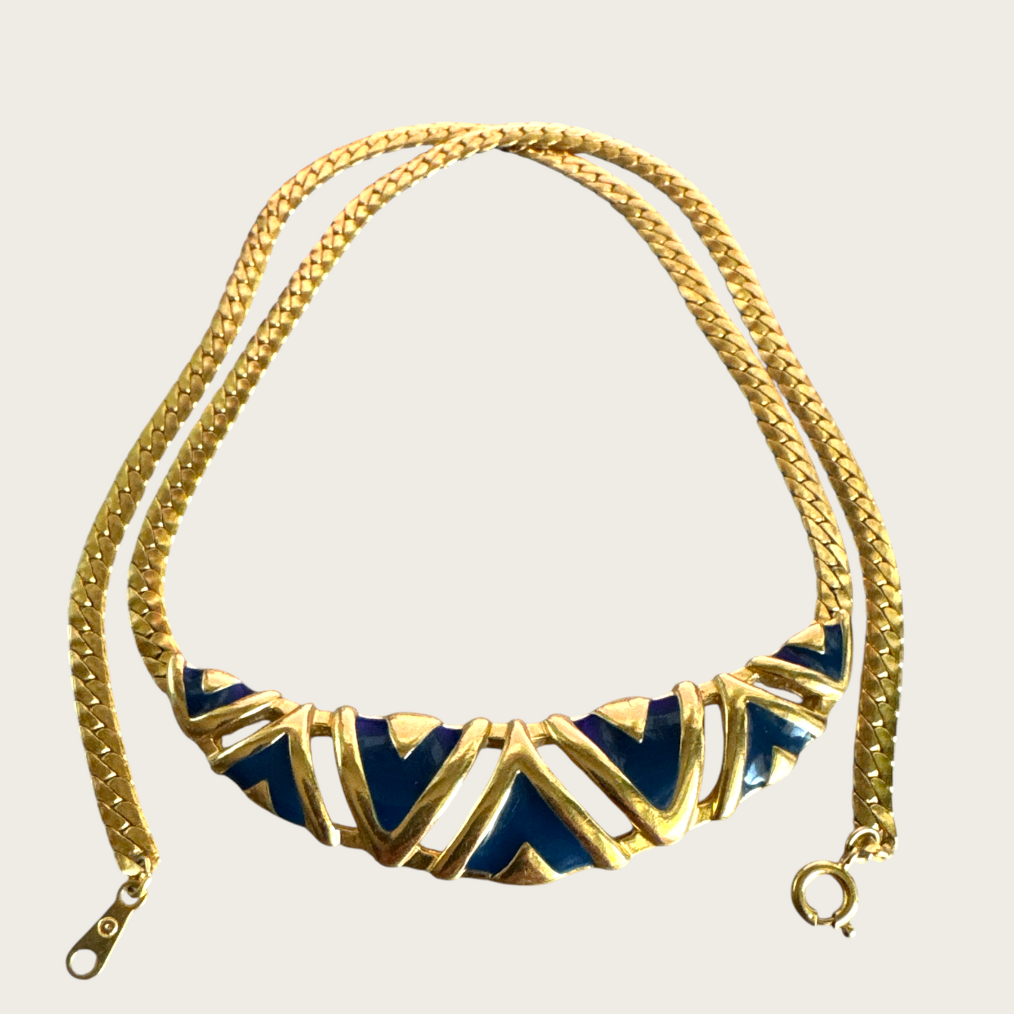 Vintage Monet Navy Blue Enamel and Gold-Tone Chevron Bar Necklace – 1980s Statement Jewelry