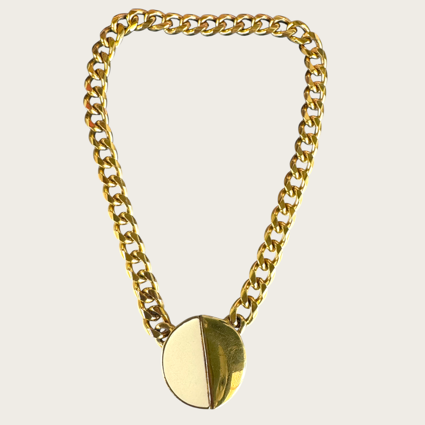 Vintage Monet Gold-Tone Chunky Chain Necklace with Two-Tone Medallion – Signed 1980s Statement Jewelry