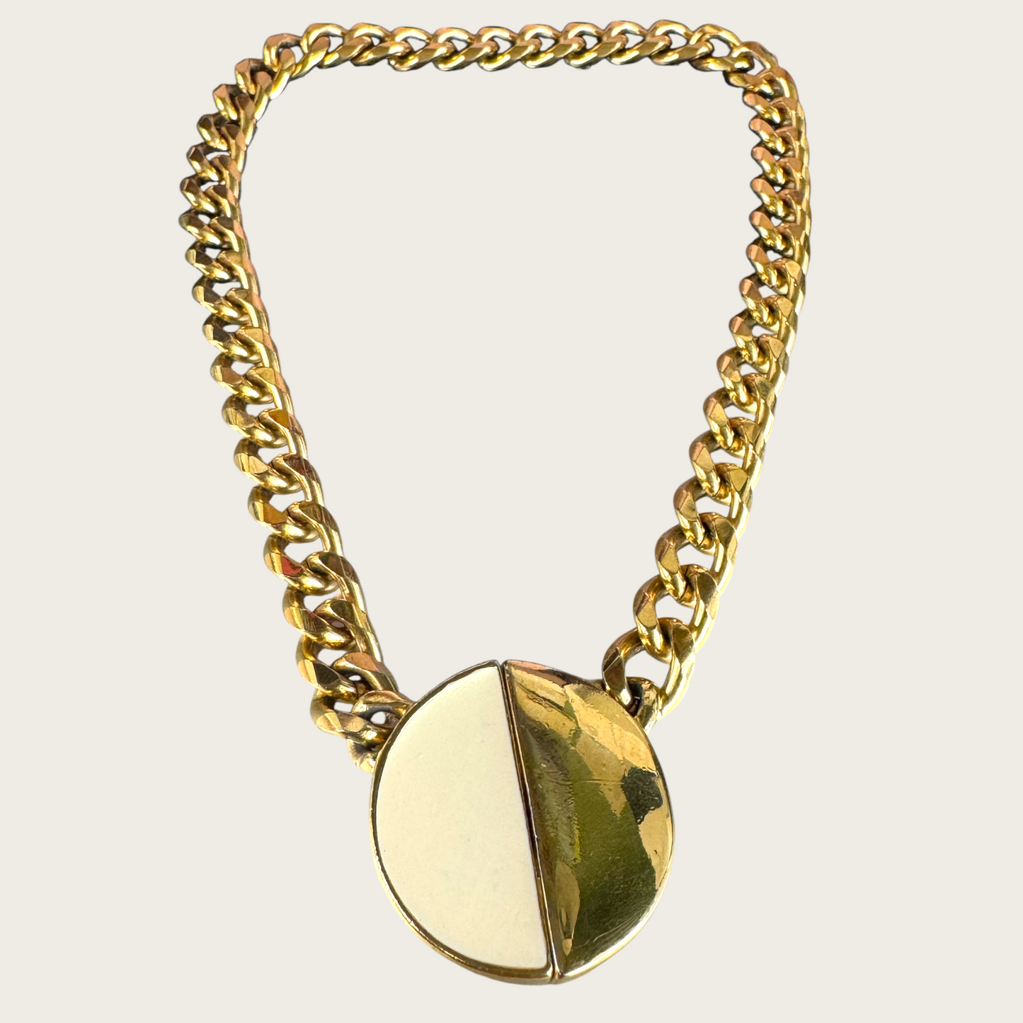 Vintage Monet Gold-Tone Chunky Chain Necklace with Two-Tone Medallion – Signed 1980s Statement Jewelry