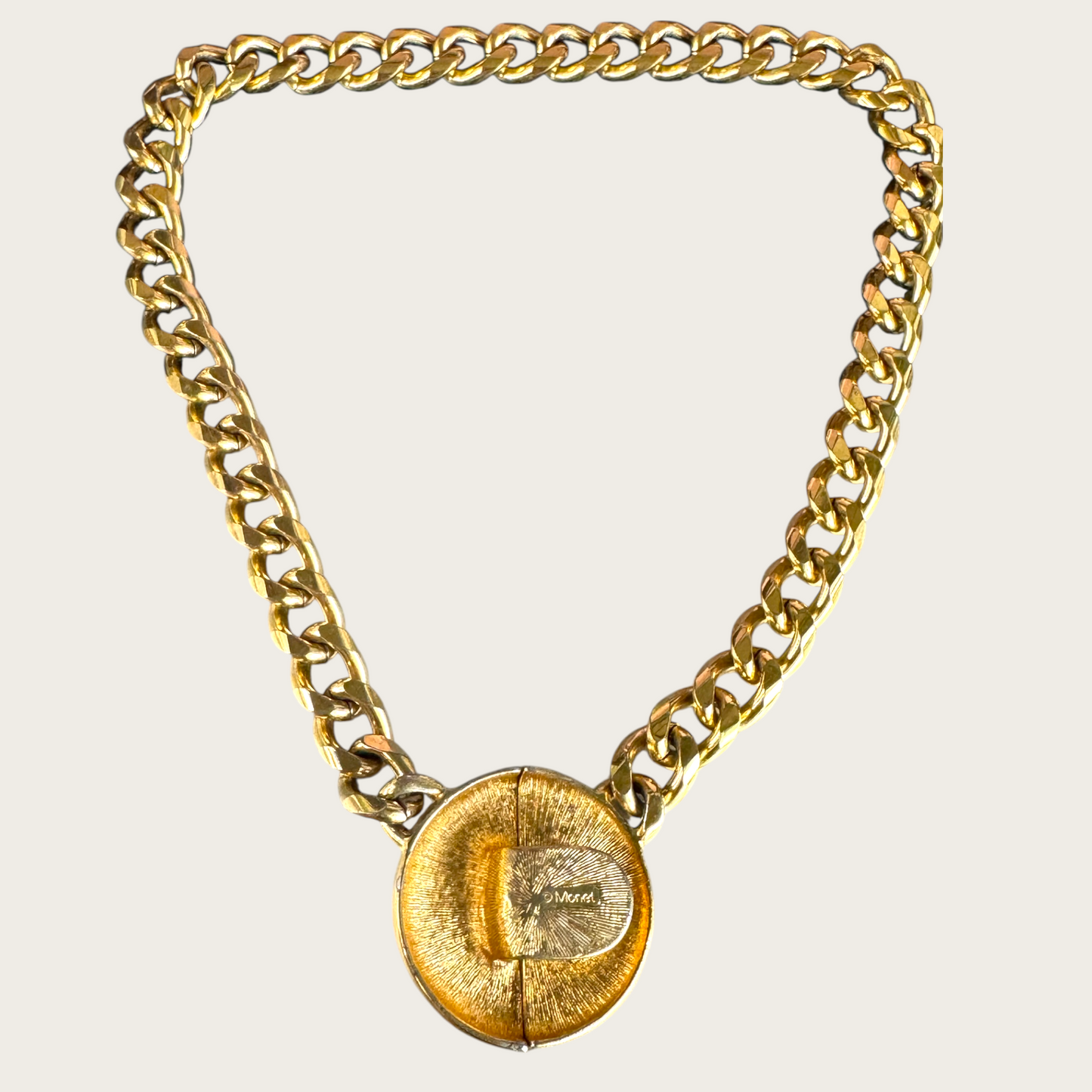 Vintage Monet Gold-Tone Chunky Chain Necklace with Two-Tone Medallion – Signed 1980s Statement Jewelry