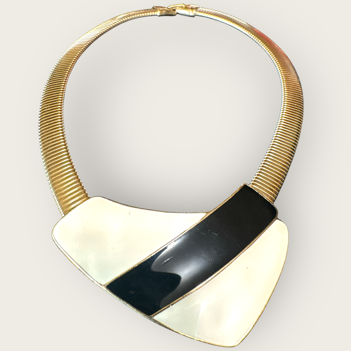 Vintage Trifari Omega Necklace – Cream & Black Enamel Bar on Gold Tone, Signed