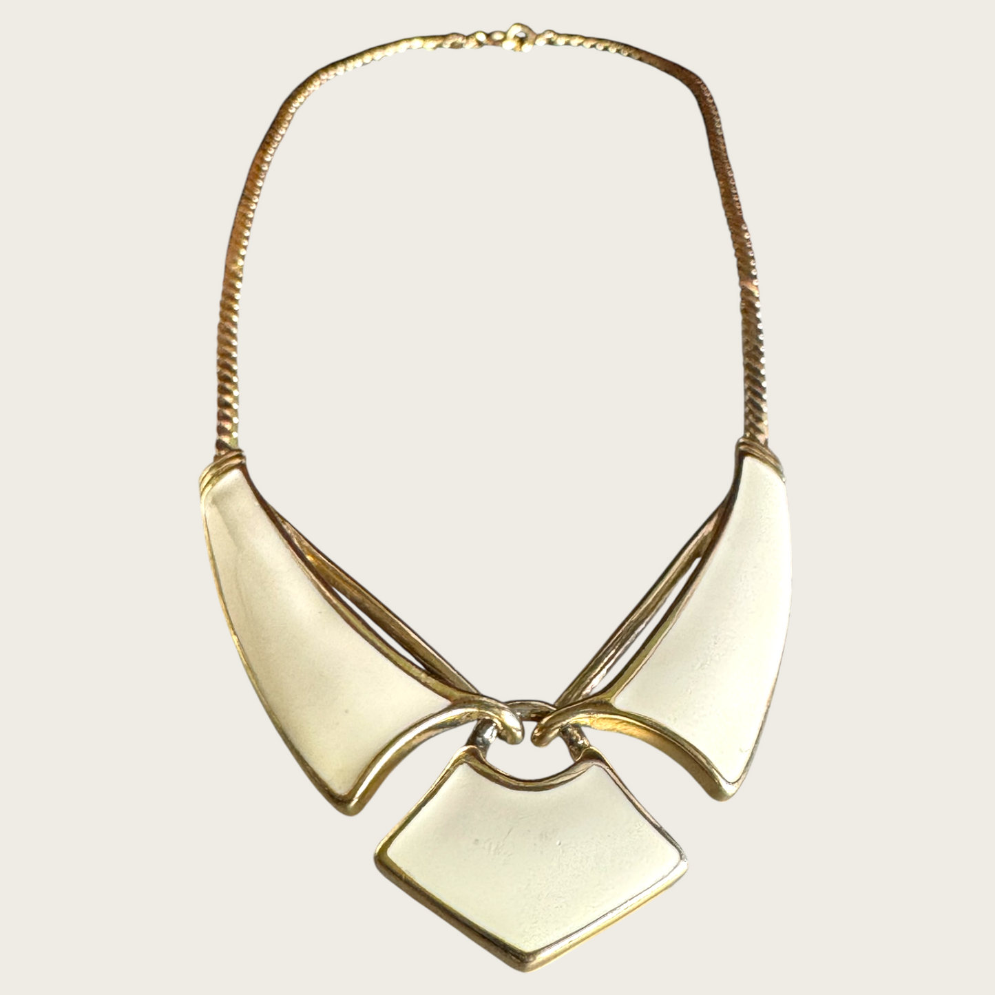 Vintage Trifari Cream Enamel Articulated Chevron Necklace – Bold Gold Tone Collar