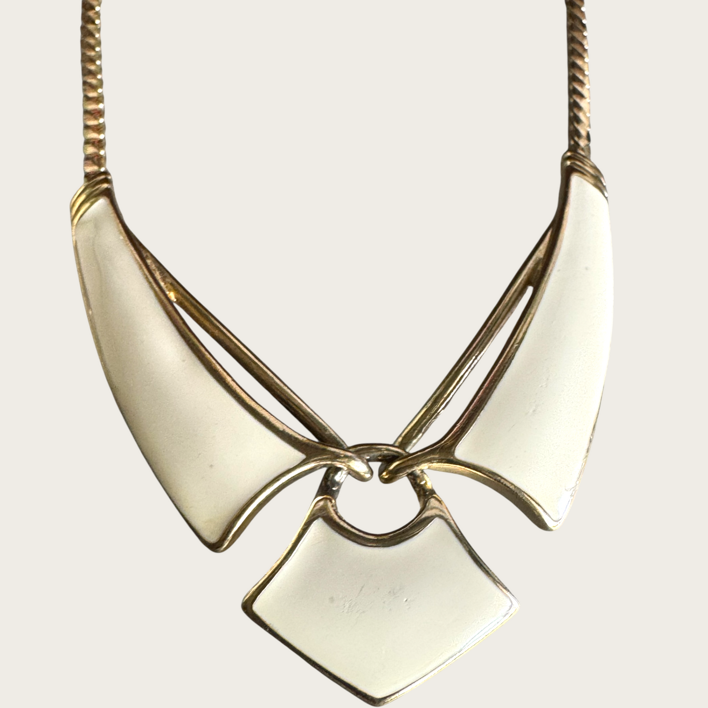 Vintage Trifari Cream Enamel Articulated Chevron Necklace – Bold Gold Tone Collar