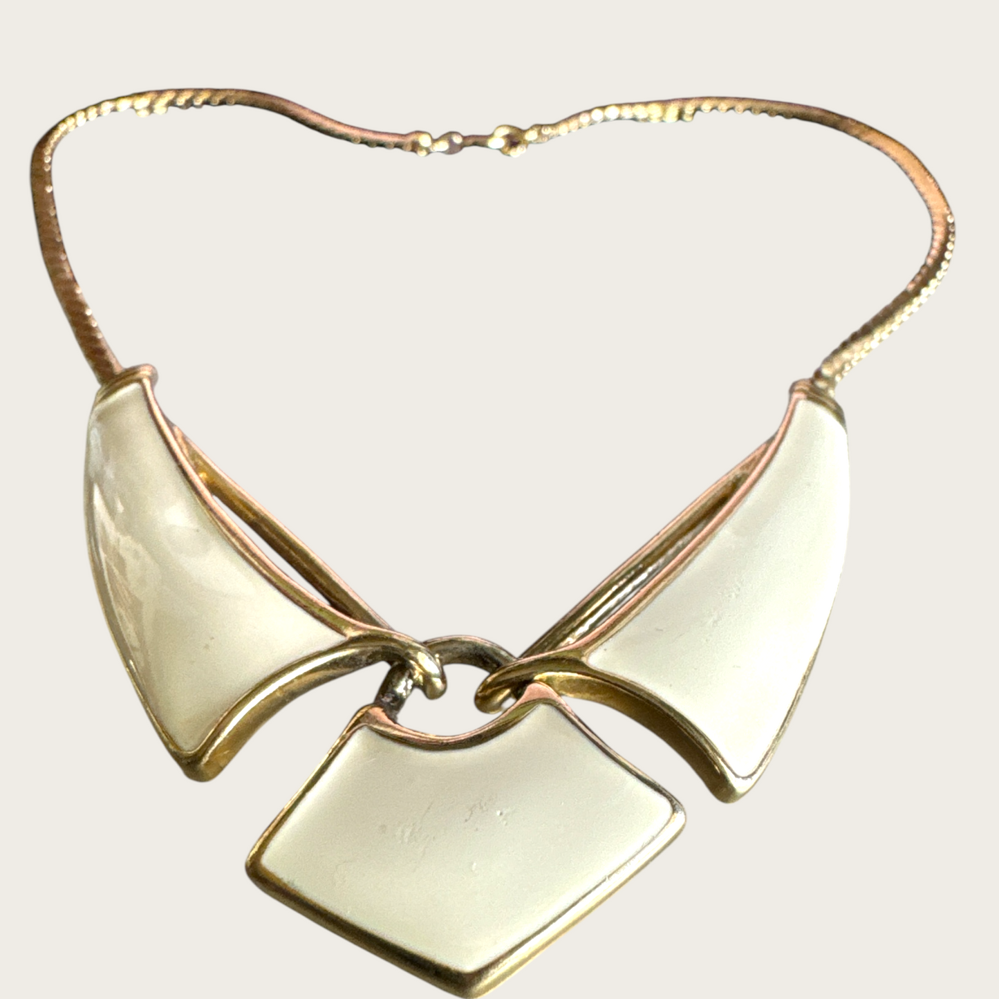 Vintage Trifari Cream Enamel Articulated Chevron Necklace – Bold Gold Tone Collar