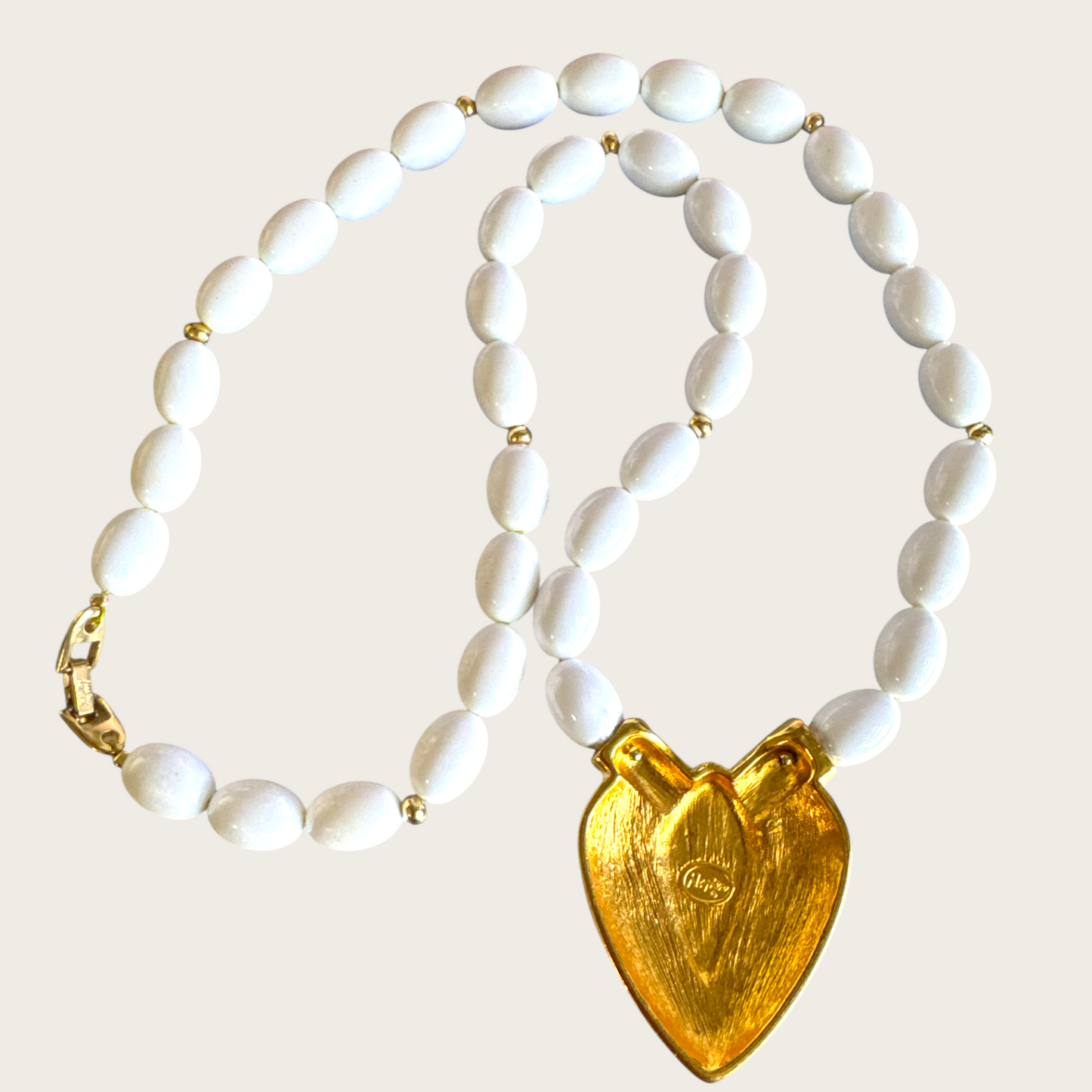 Vintage Napier White Lucite Bead Necklace with Cream and Gold Heart Pendant – Patent Pending