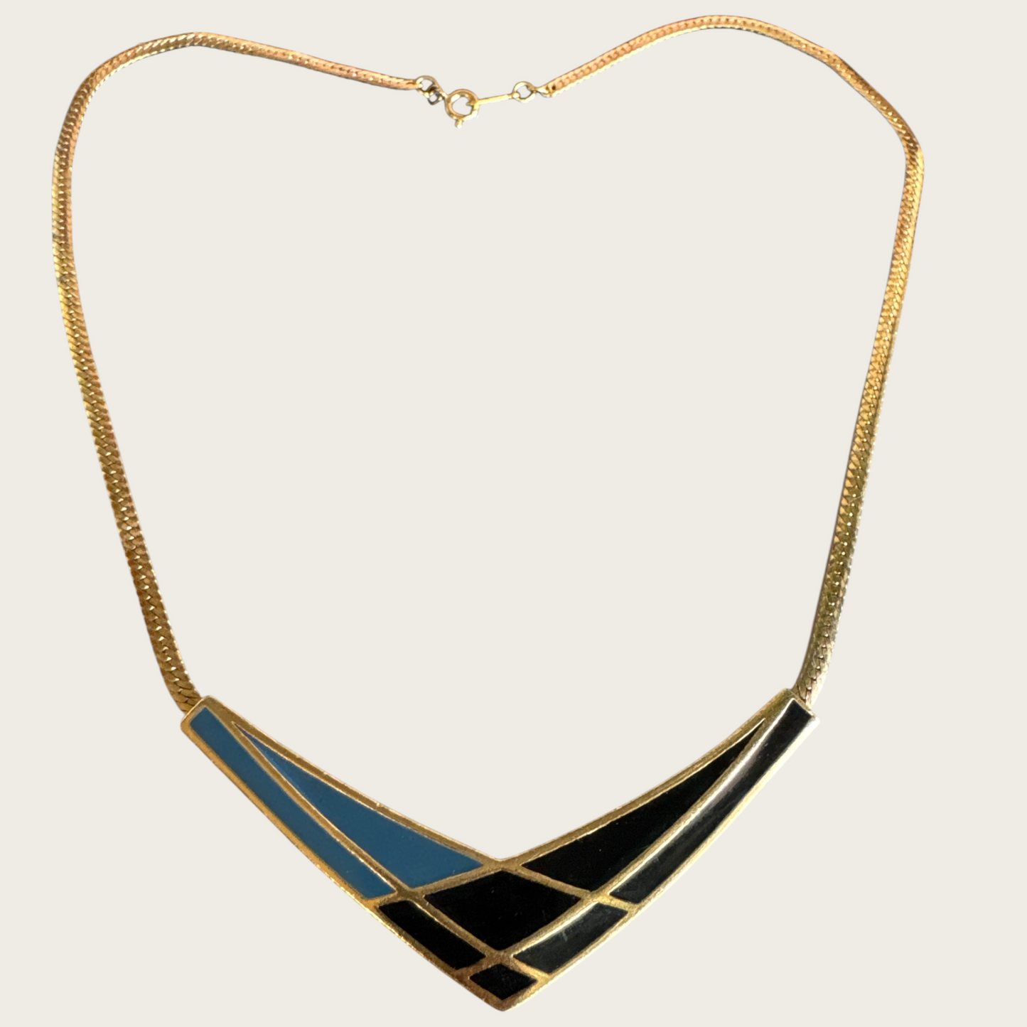 Vintage Avon Black and Slate Blue Enamel Chevron Necklace – Signed 1980s Gold-Tone Statement Jewelry