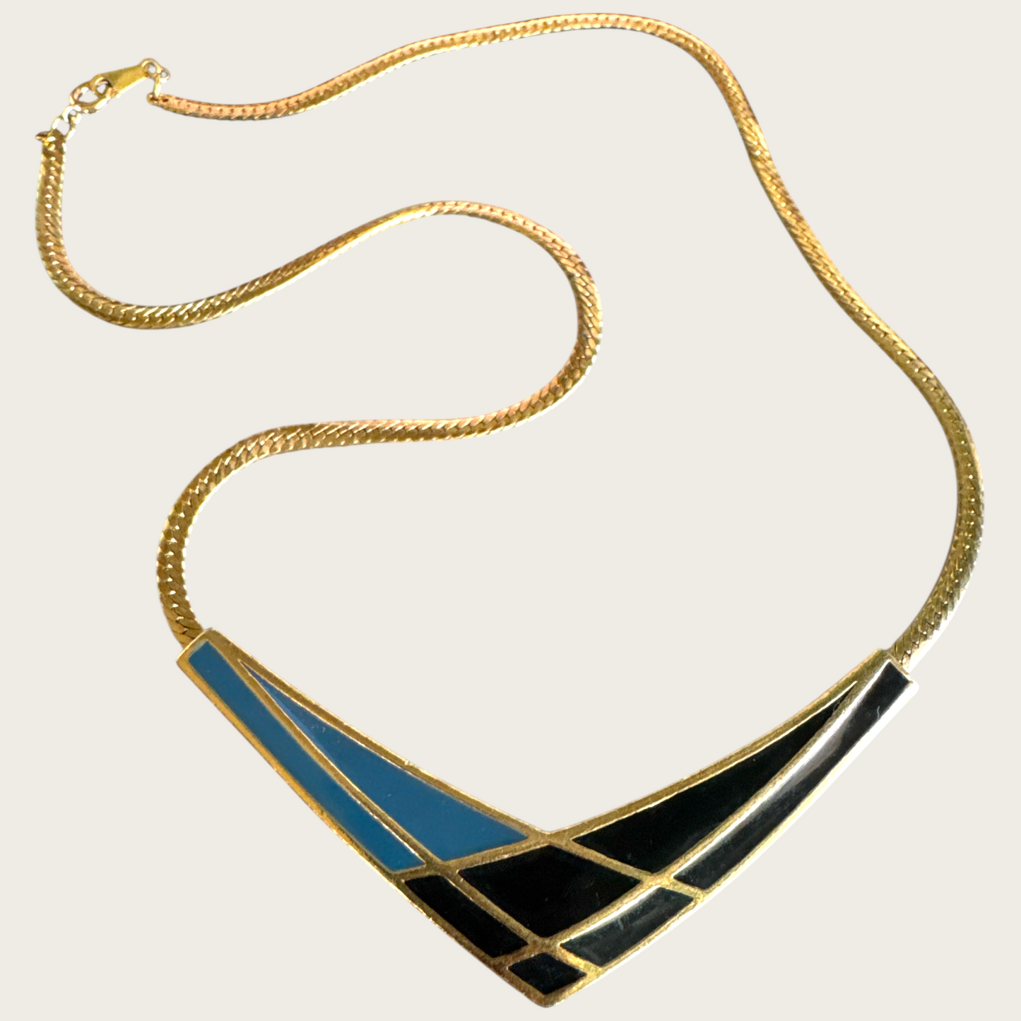 Vintage Avon Black and Slate Blue Enamel Chevron Necklace – Signed 1980s Gold-Tone Statement Jewelry