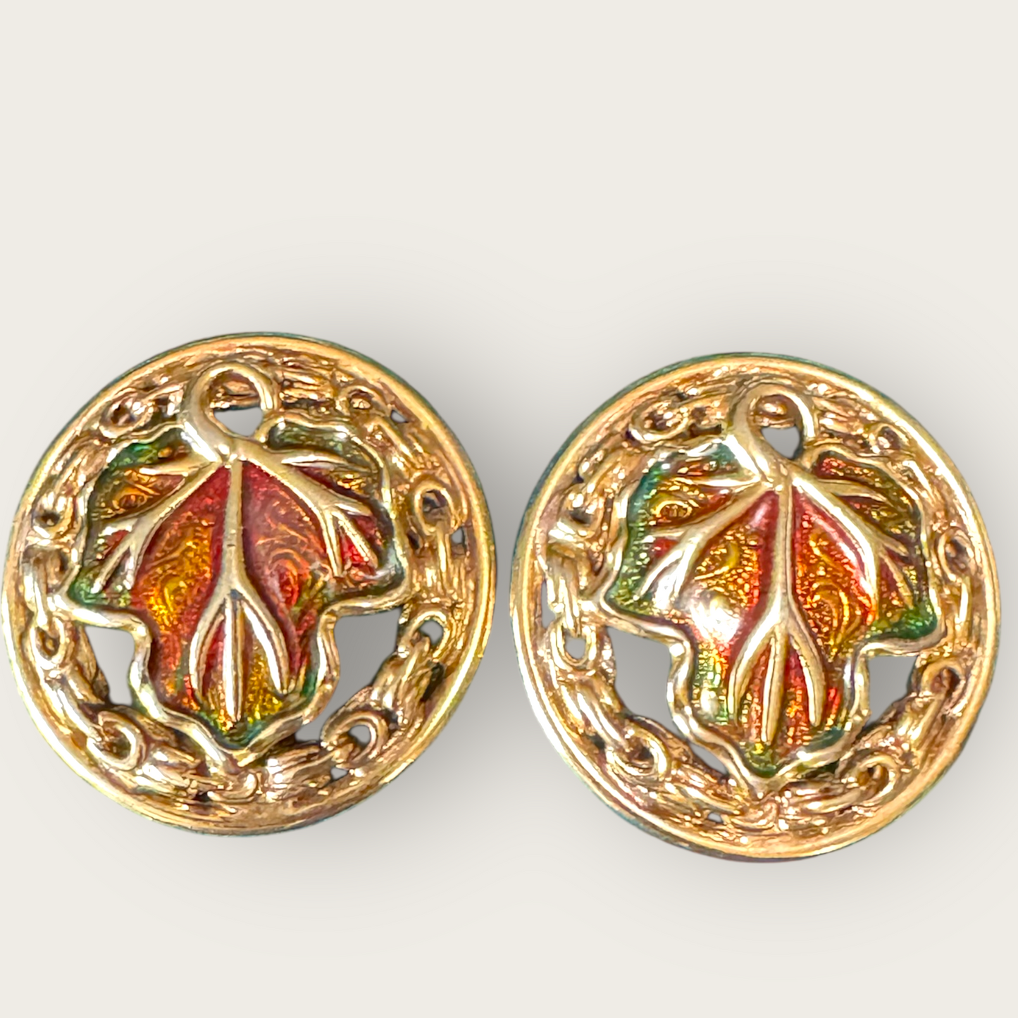 Vintage Enamel Leaf Motif Clip-On Earrings – Gold-Tone Statement Discs