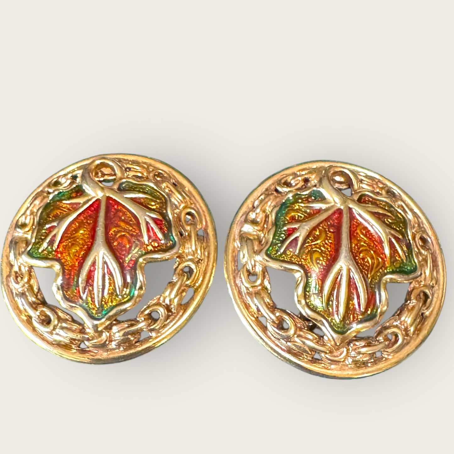 Vintage Enamel Leaf Motif Clip-On Earrings – Gold-Tone Statement Discs