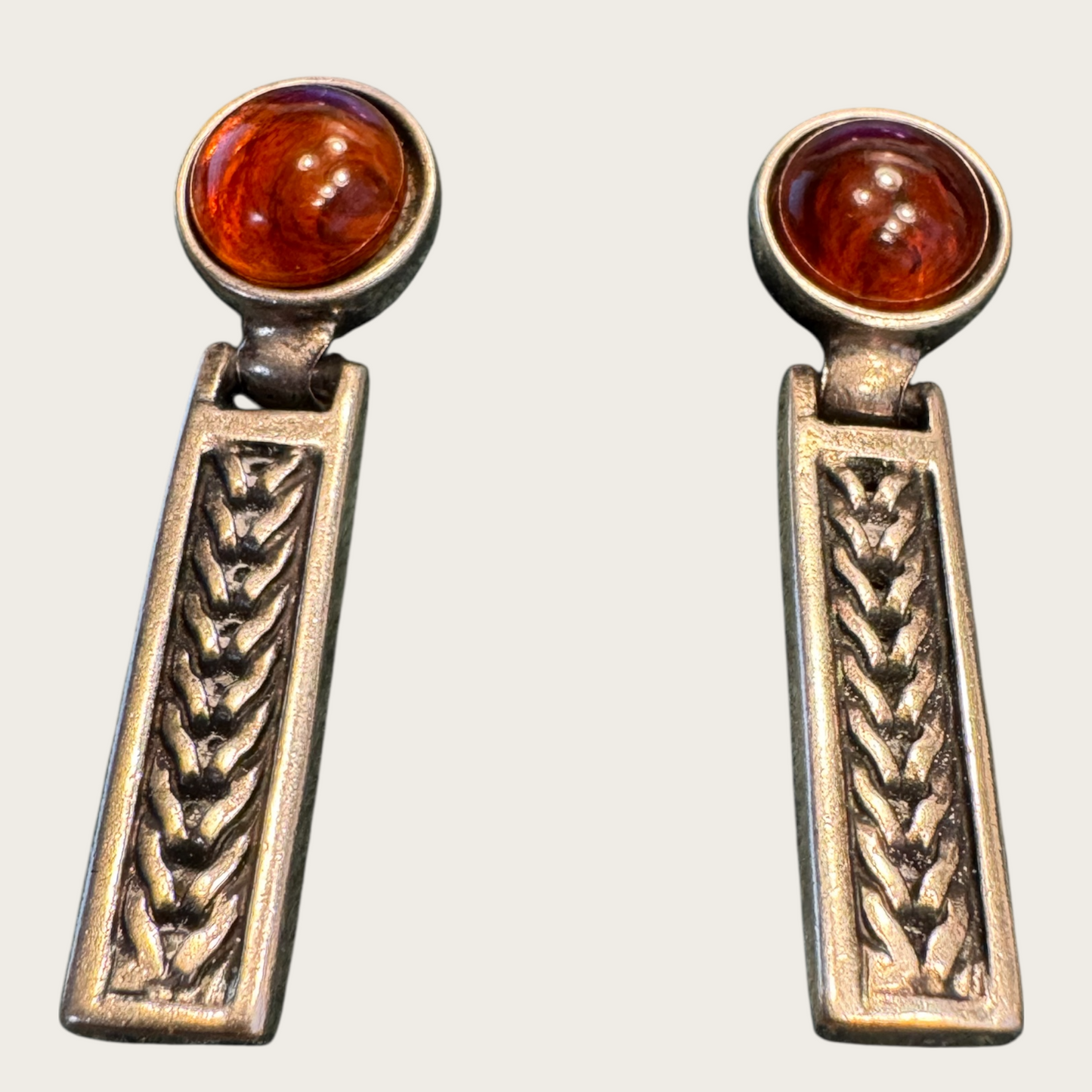Vintage Ben-Amun Articulated Silver-Tone Earrings with Amber Lucite Cabochons