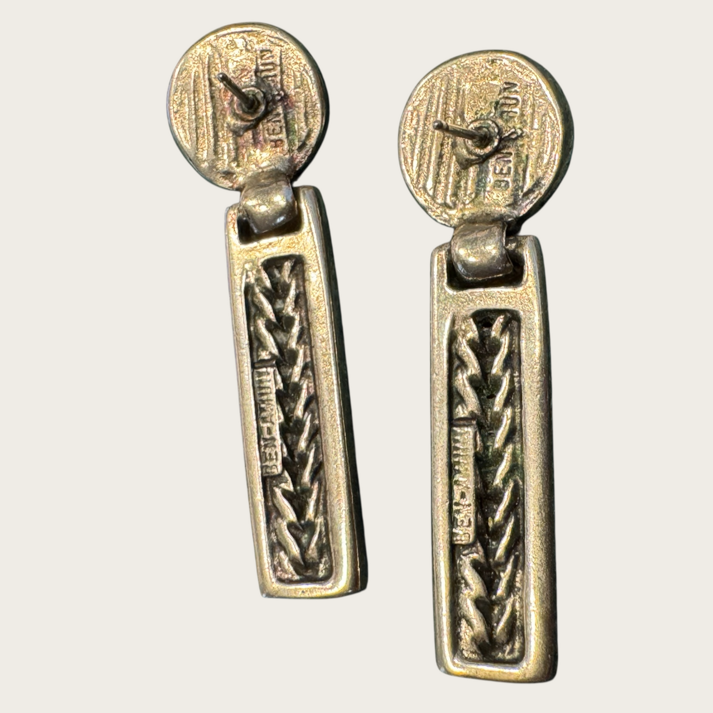 Vintage Ben-Amun Articulated Silver-Tone Earrings with Amber Lucite Cabochons