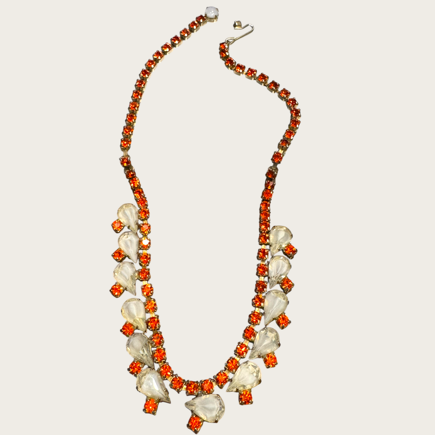 Vintage Mid-Century Necklace With Vibrant Orange Rhinestones & Givre Glass Drops