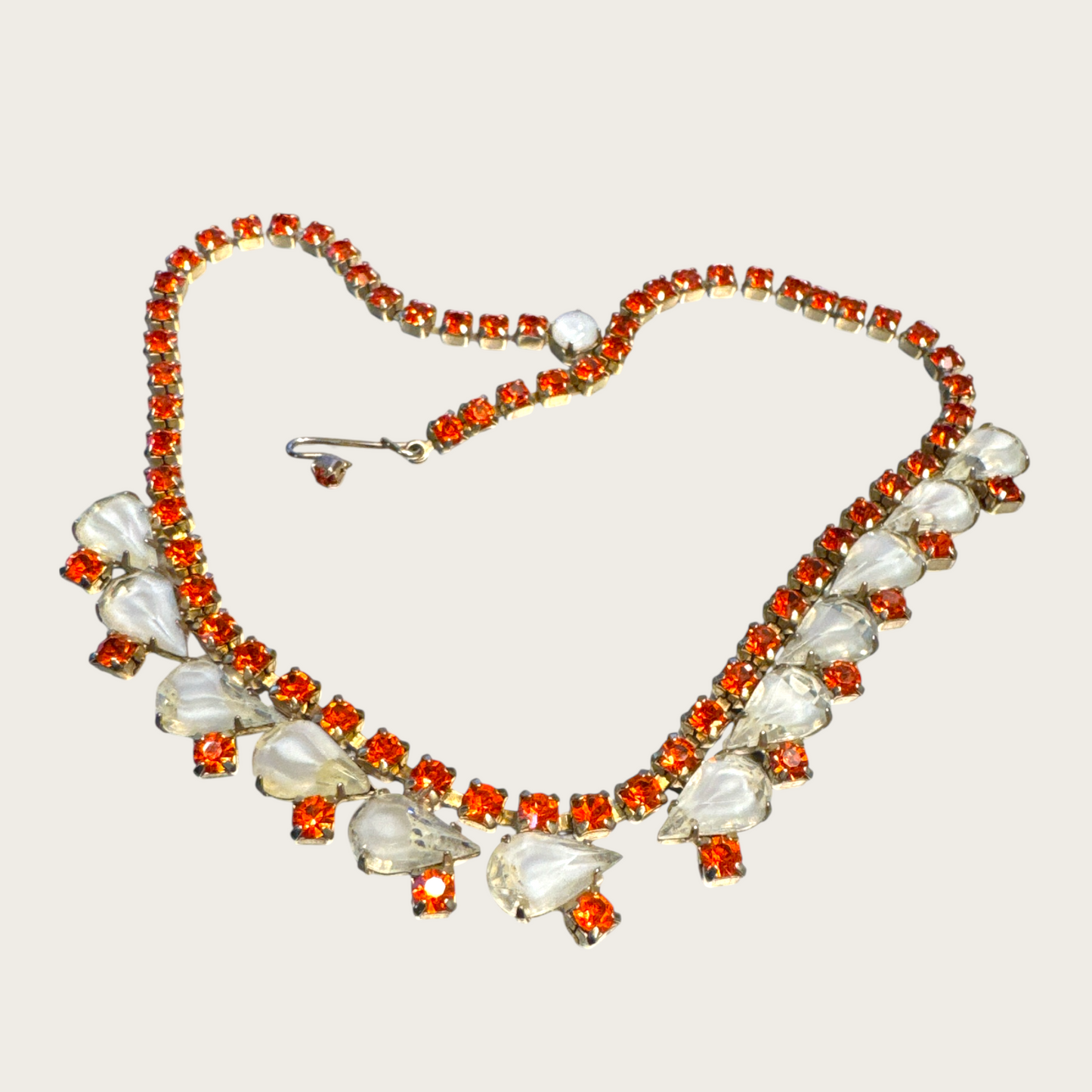 Vintage Mid-Century Necklace With Vibrant Orange Rhinestones & Givre Glass Drops
