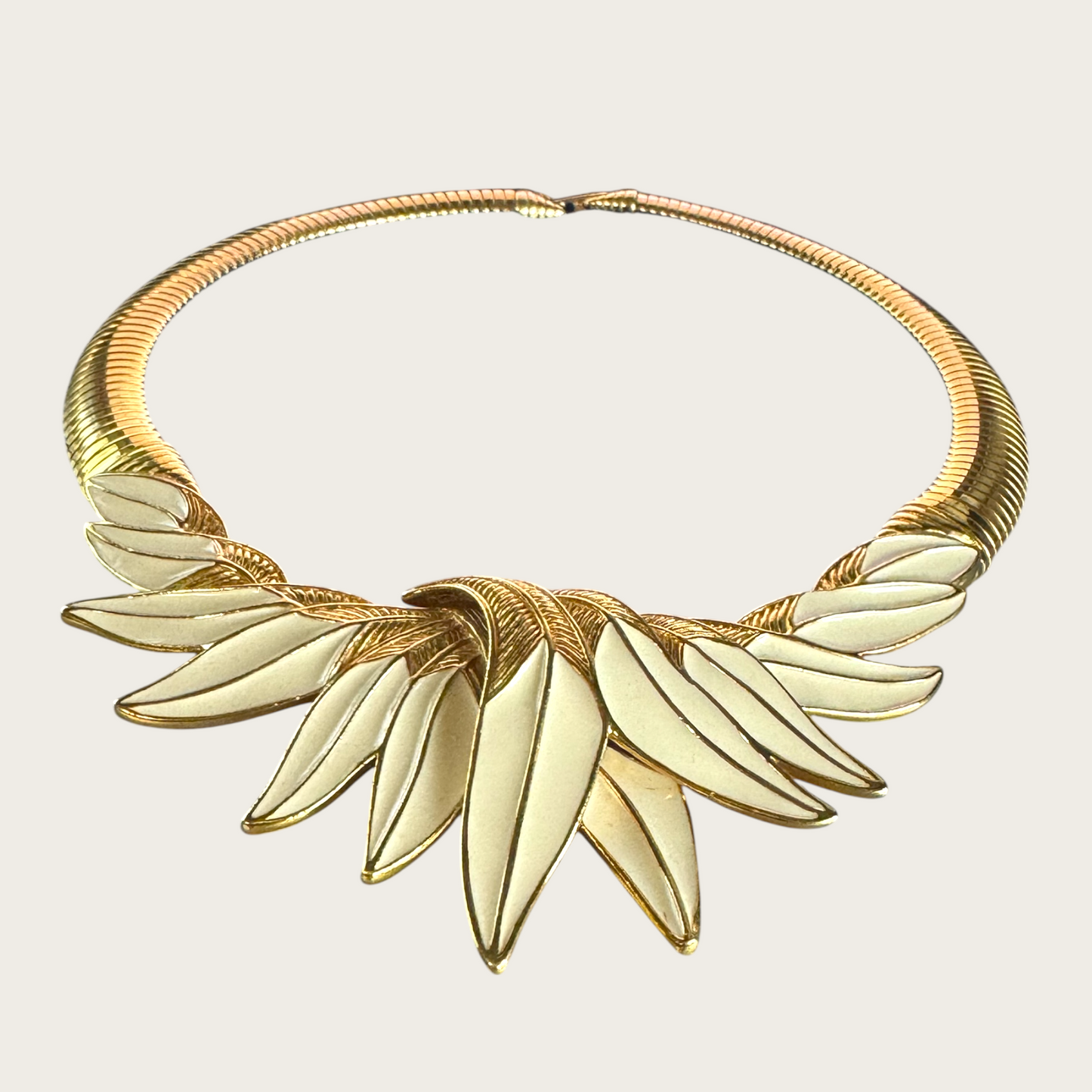 Vintage Trifari Omega Safari Cream Enamel and Gold-Tone Leaf Runway Collar Necklace – Signed Statement Jewelry