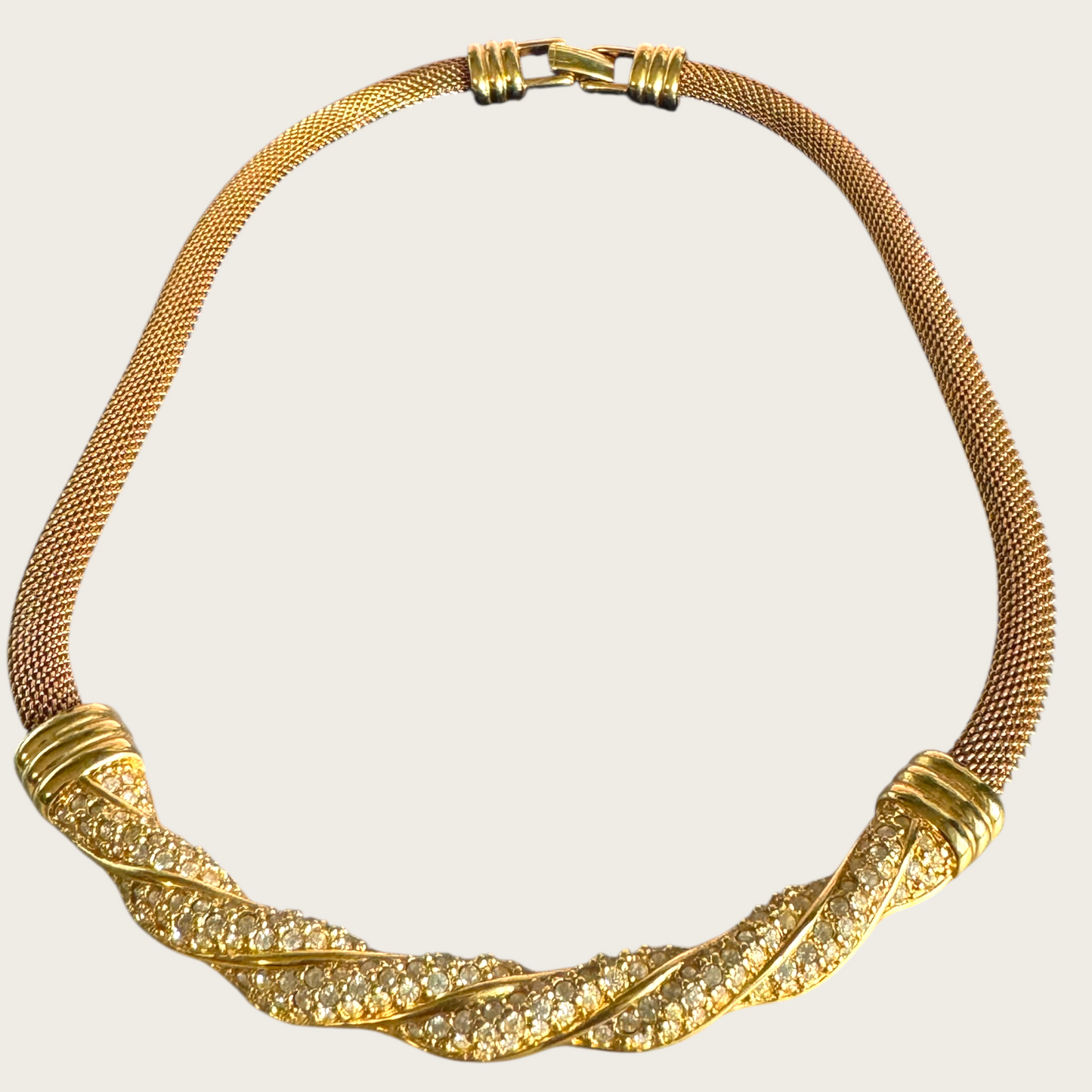 Vintage Swarovski Mesh Choker Necklace – Gold-Tone with Twisted Pavé Crystal Bar, 1980s–1990s