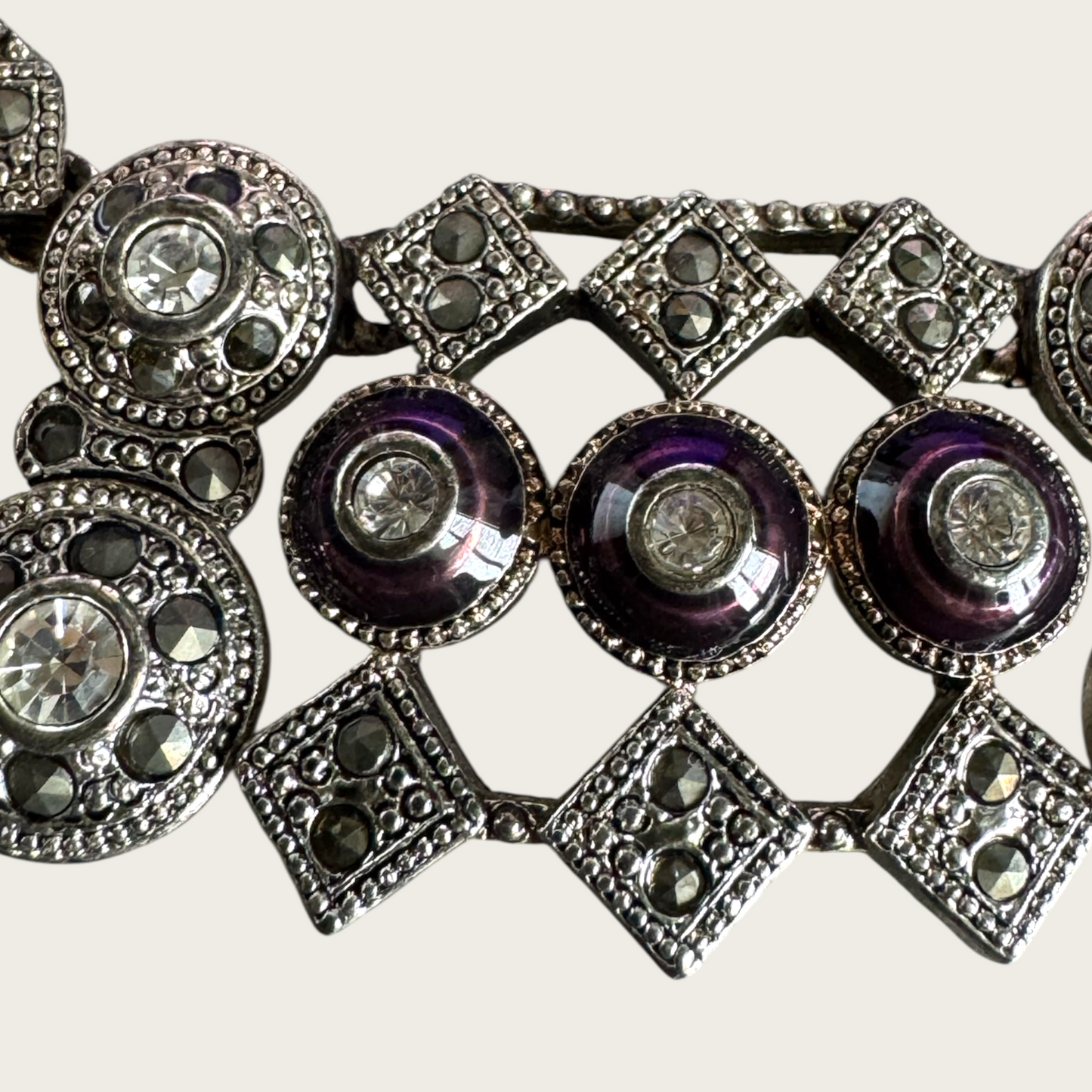Rare Vintage Monet Platinum-Tone Collar Necklace – Articulated with Plum Enamel & Crystal Accents, Signed