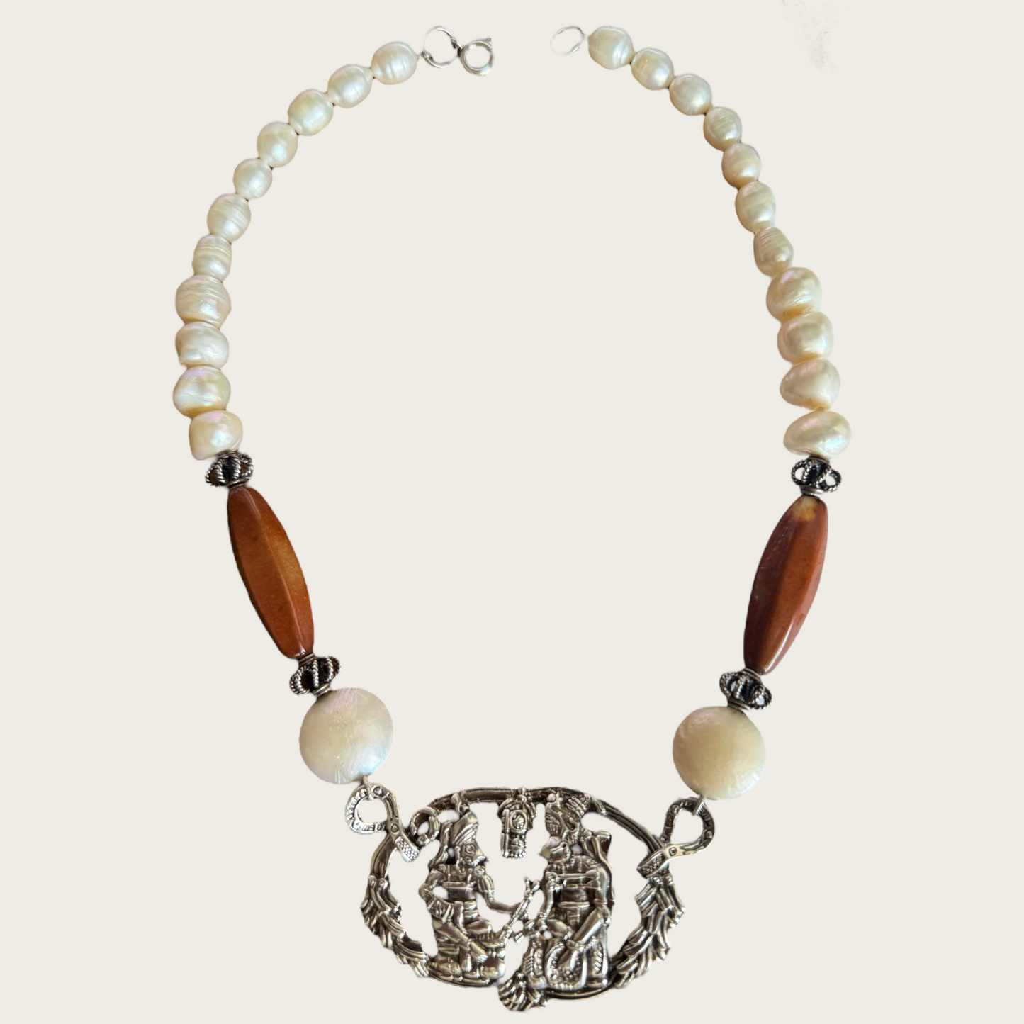 Vintage Taxco Mayan Revival Necklace – Signed Alpaca Silver Medallion with Quartz & Real Pearls