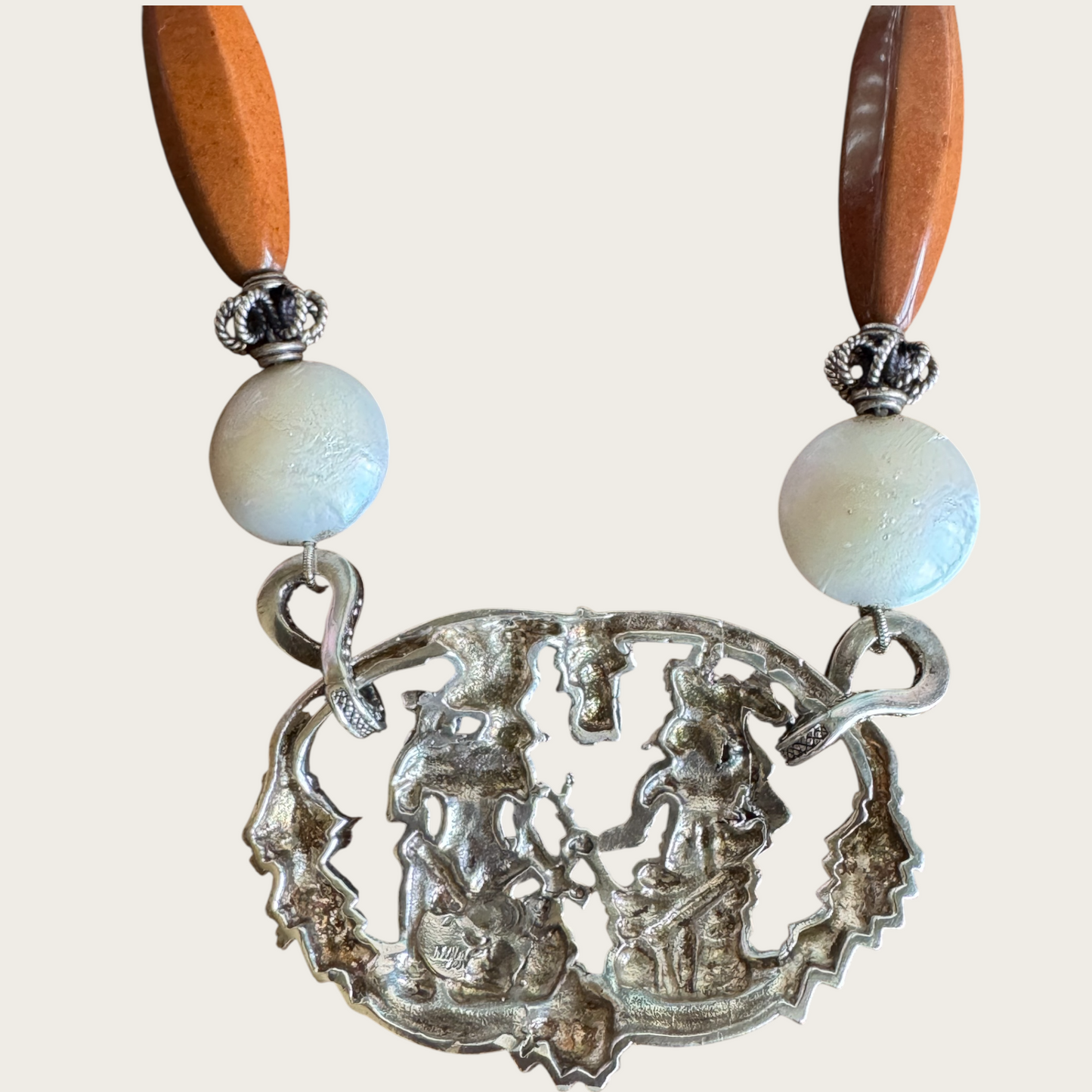 Vintage Taxco Mayan Revival Necklace – Signed Alpaca Silver Medallion with Quartz & Real Pearls