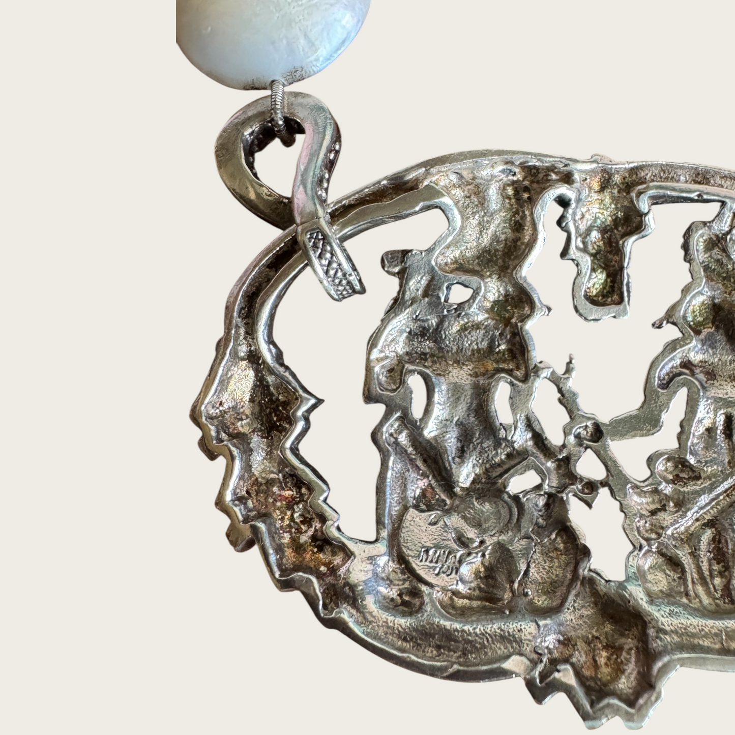 Vintage Taxco Mayan Revival Necklace – Signed Alpaca Silver Medallion with Quartz & Real Pearls