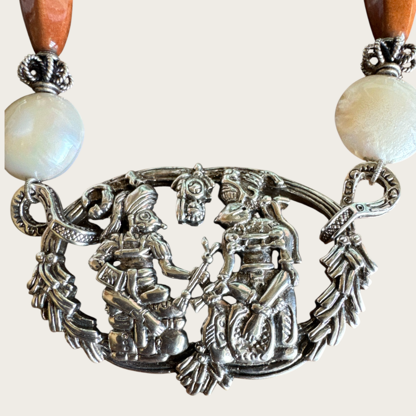 Vintage Taxco Mayan Revival Necklace – Signed Alpaca Silver Medallion with Quartz & Real Pearls