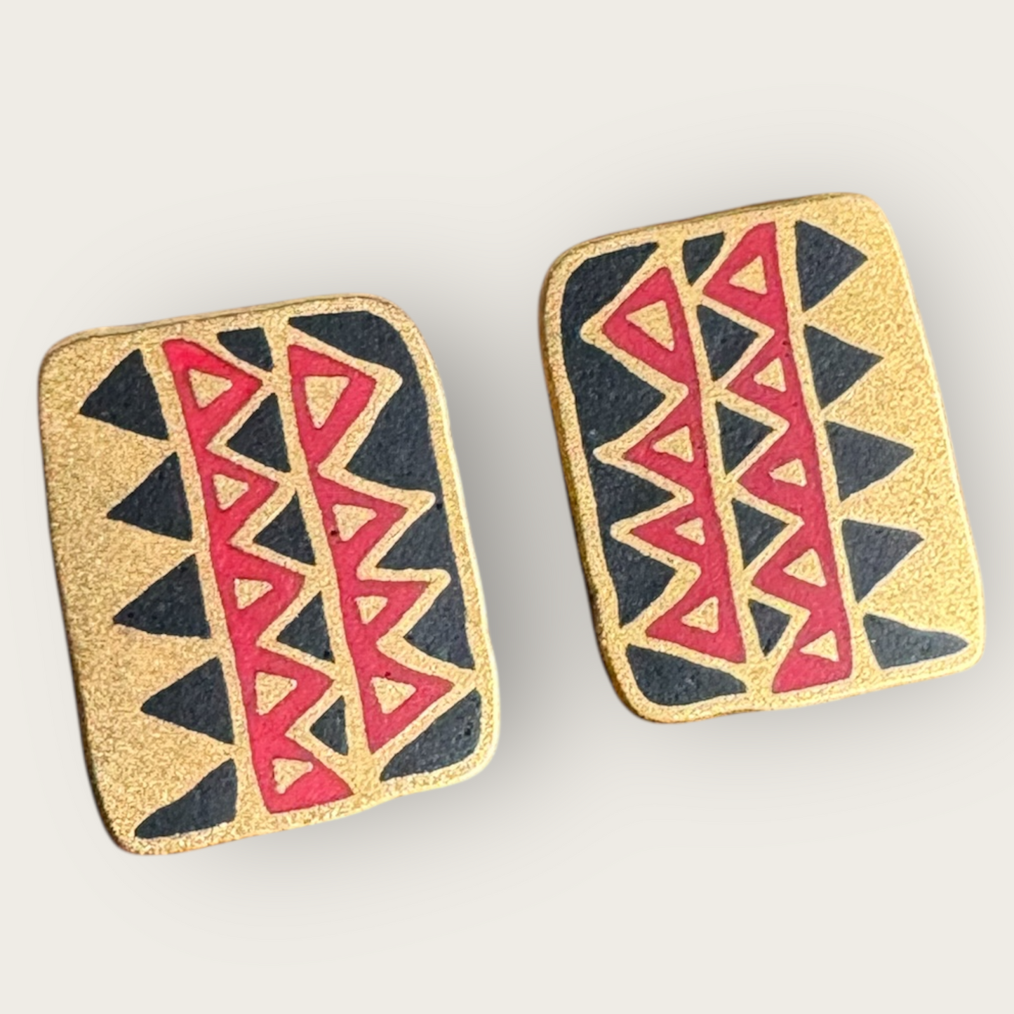 Vintage Laurel Burch Folkart Earrings – Red & Black Geometric Enamel on Matte Gold, Signed, 1980s Post Backs