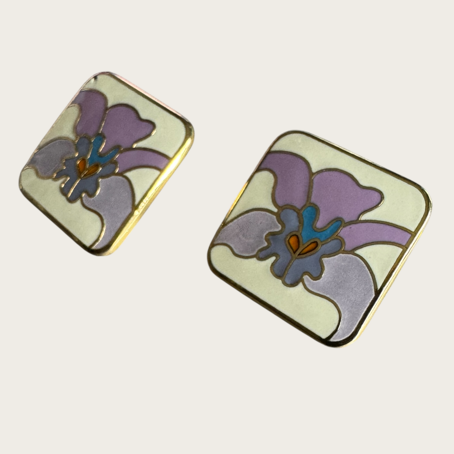Vintage Laurel Burch Floral Enamel Earrings – Lavender & Blue on Cream, Signed 1980s Post Backs