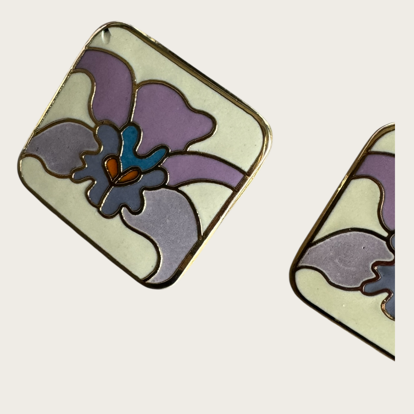 Vintage Laurel Burch Floral Enamel Earrings – Lavender & Blue on Cream, Signed 1980s Post Backs