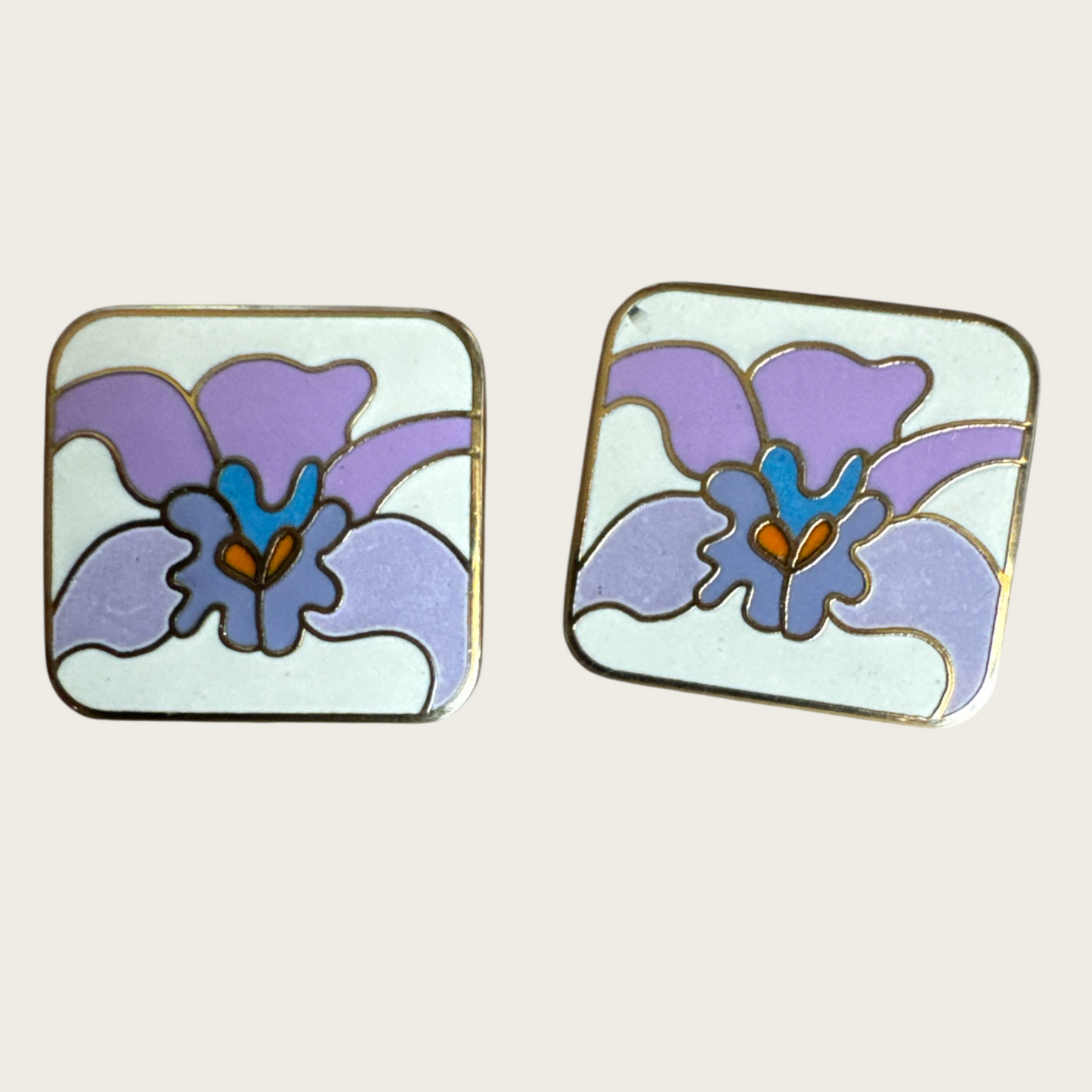 Vintage Laurel Burch Floral Enamel Earrings – Lavender & Blue on Cream, Signed 1980s Post Backs