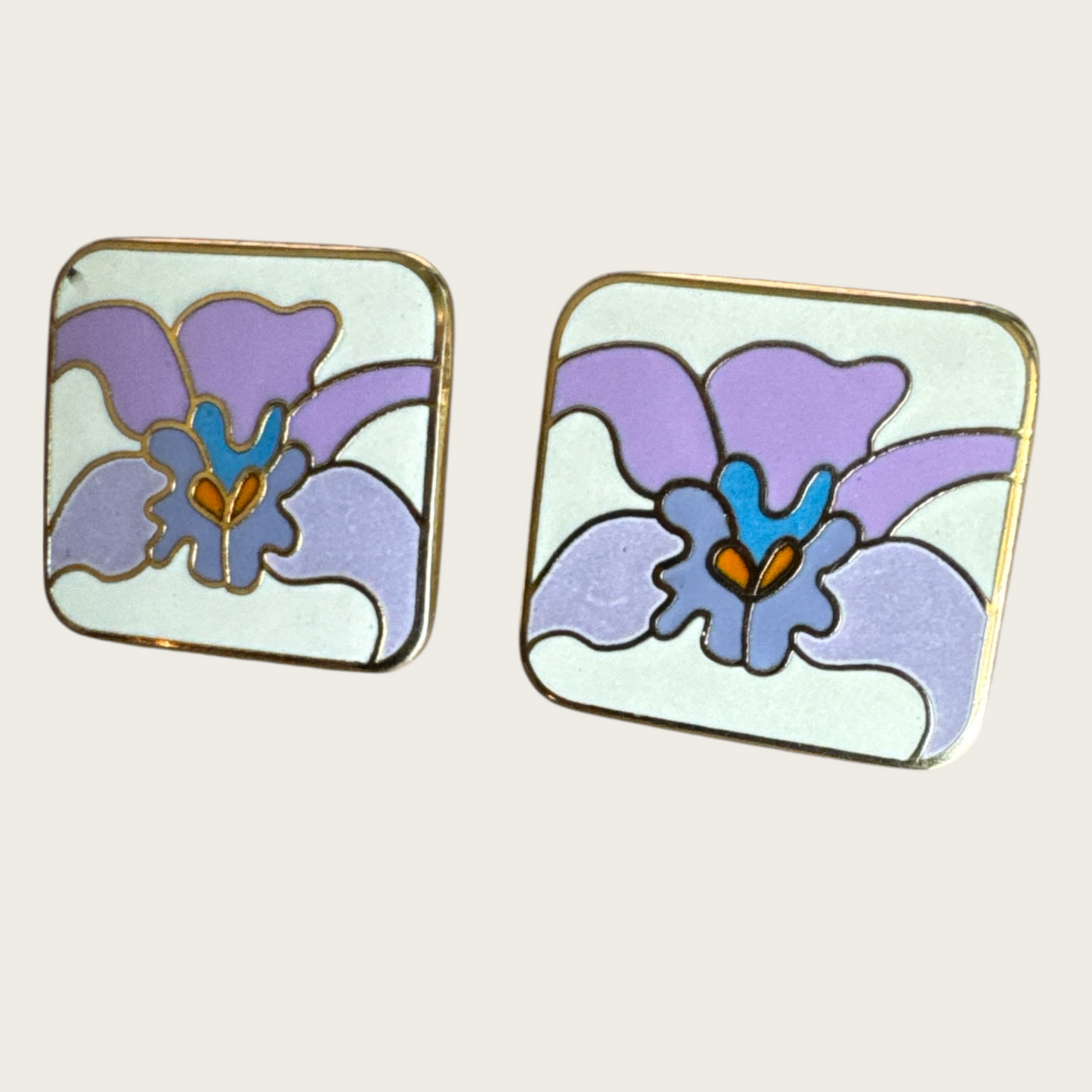 Vintage Laurel Burch Floral Enamel Earrings – Lavender & Blue on Cream, Signed 1980s Post Backs