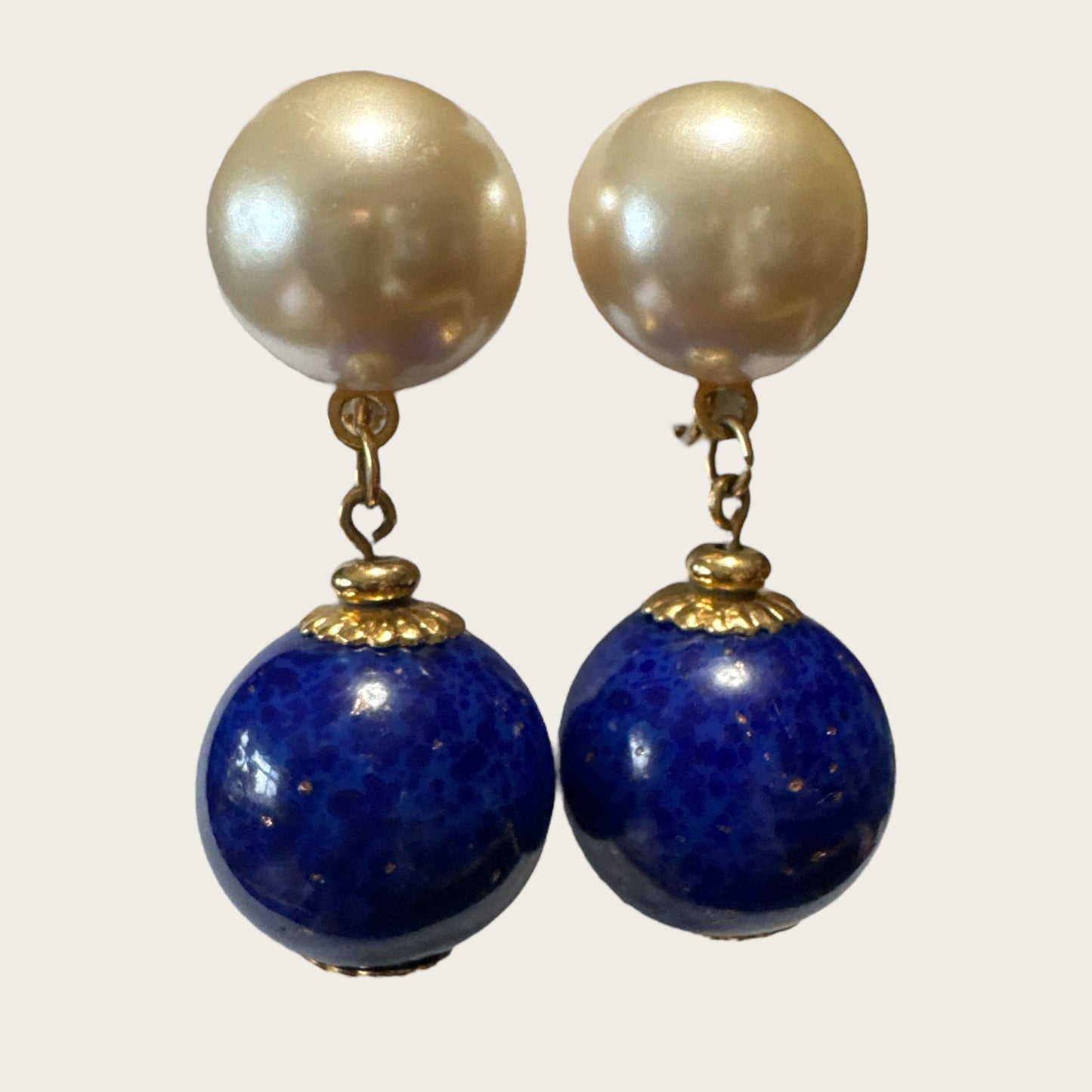 Vintage Napier Pearl & Lapis-Glass Dangle Earrings – Gold-Tone Signed Screw Back, 1950s