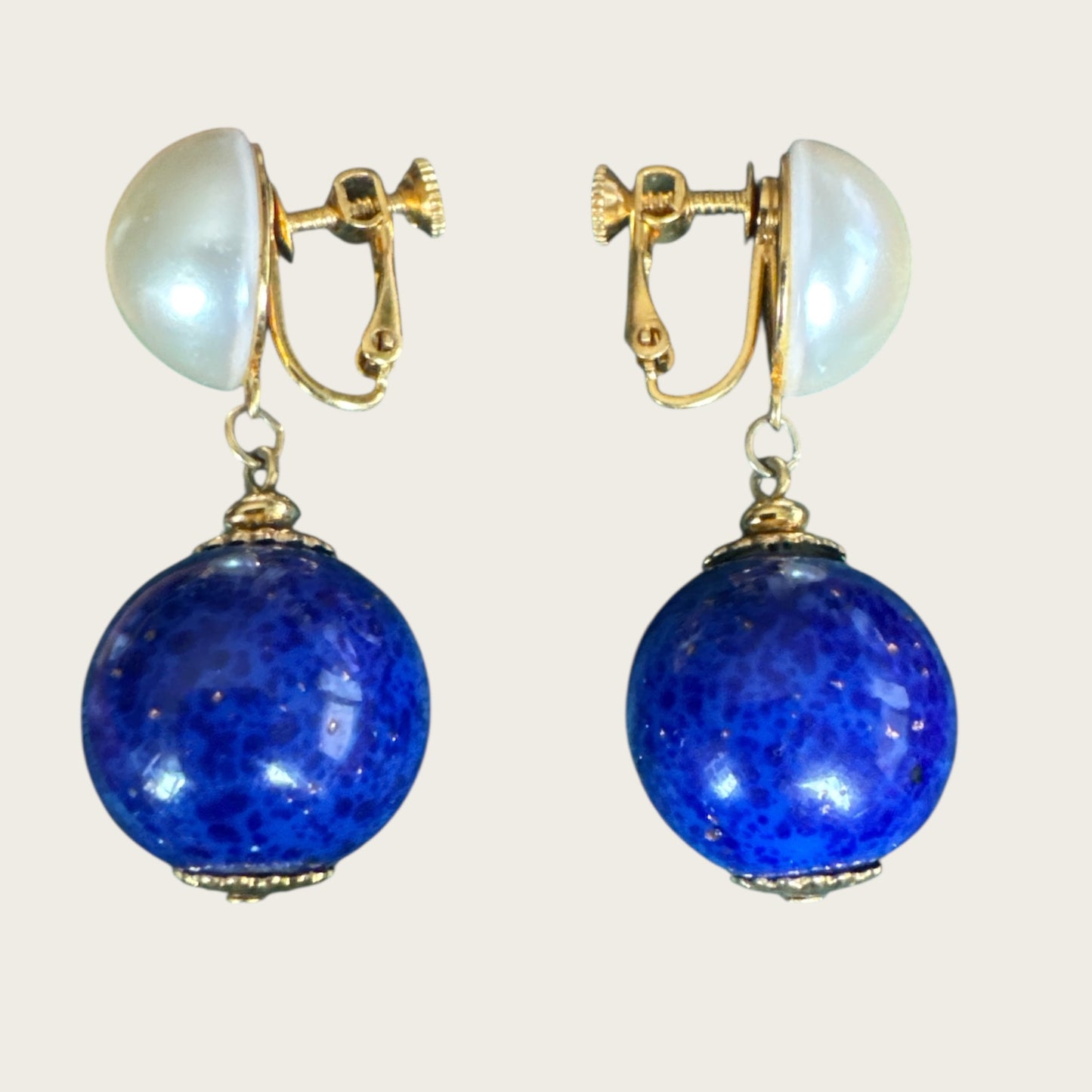 Vintage Napier Pearl & Lapis-Glass Dangle Earrings – Gold-Tone Signed Screw Back, 1950s