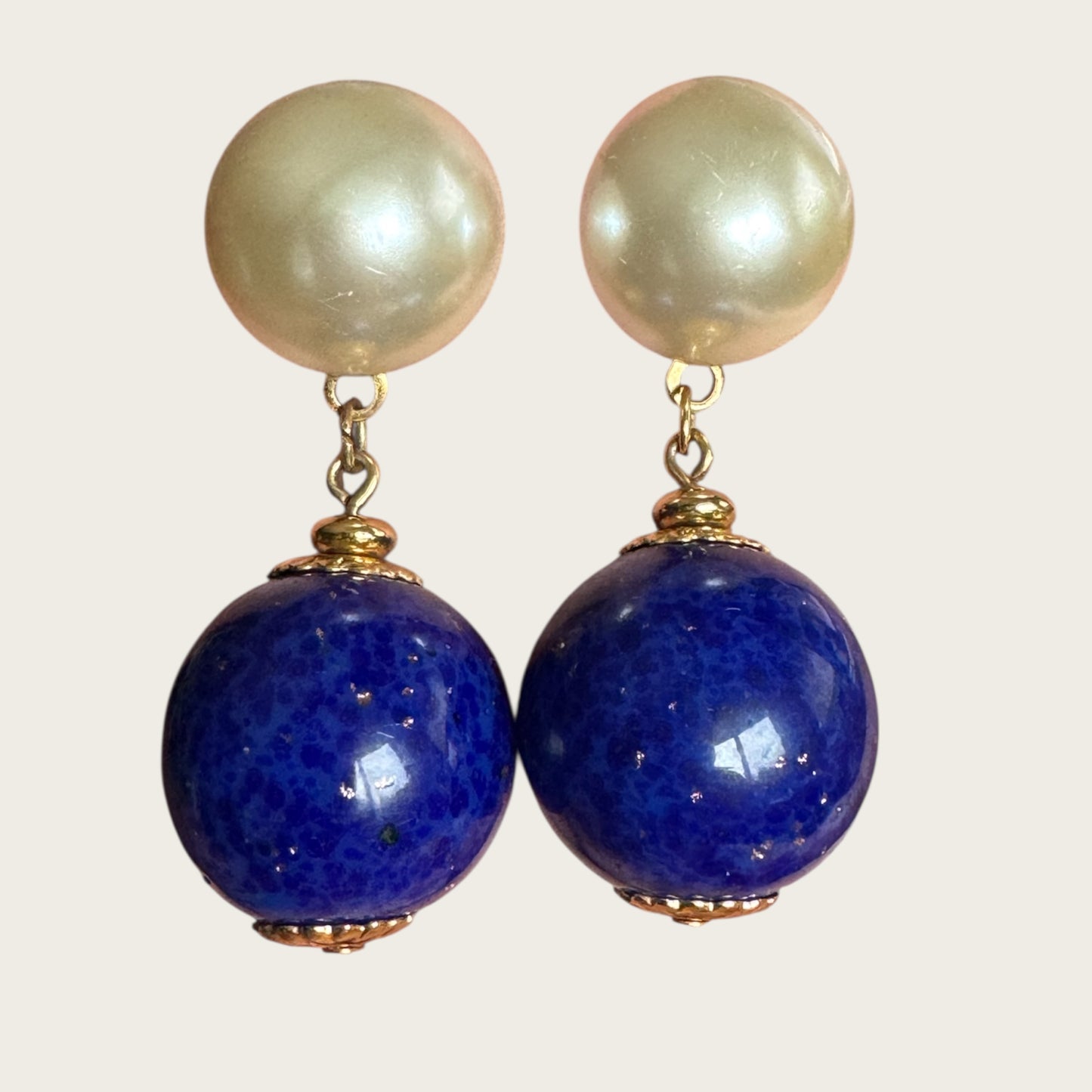 Vintage Napier Pearl & Lapis-Glass Dangle Earrings – Gold-Tone Signed Screw Back, 1950s