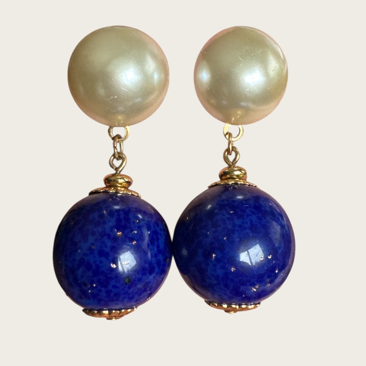 Vintage Napier Pearl & Lapis-Glass Dangle Earrings – Gold-Tone Signed Screw Back, 1950s