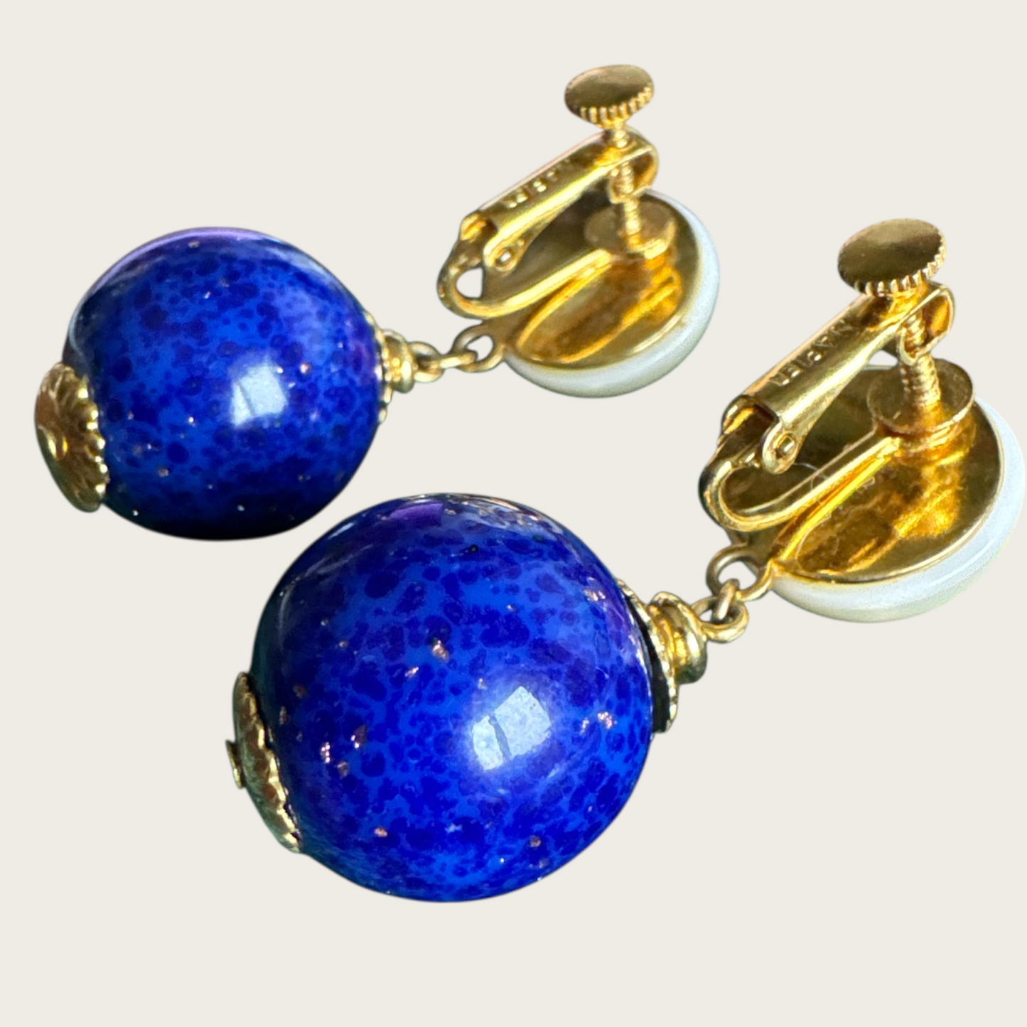 Vintage Napier Pearl & Lapis-Glass Dangle Earrings – Gold-Tone Signed Screw Back, 1950s