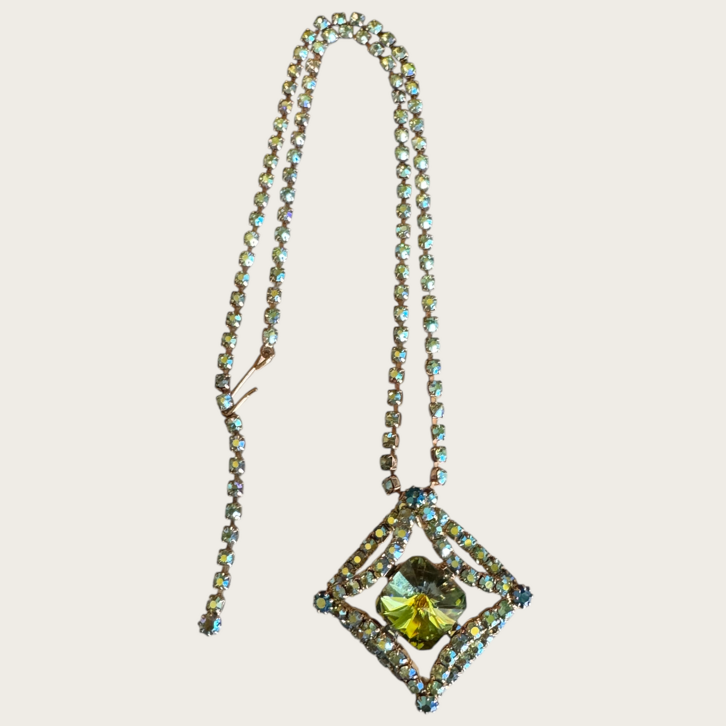 Vintage Domed Rhinestone Statement Necklace – Rare Square Rivoli Center with AB Green & Blue Stones, 1950s