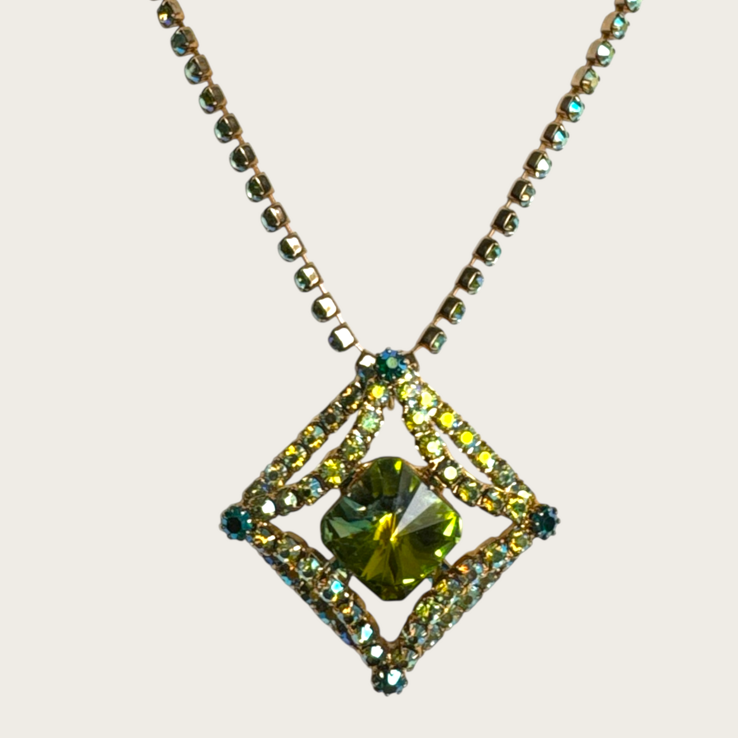 Vintage Domed Rhinestone Statement Necklace – Rare Square Rivoli Center with AB Green & Blue Stones, 1950s