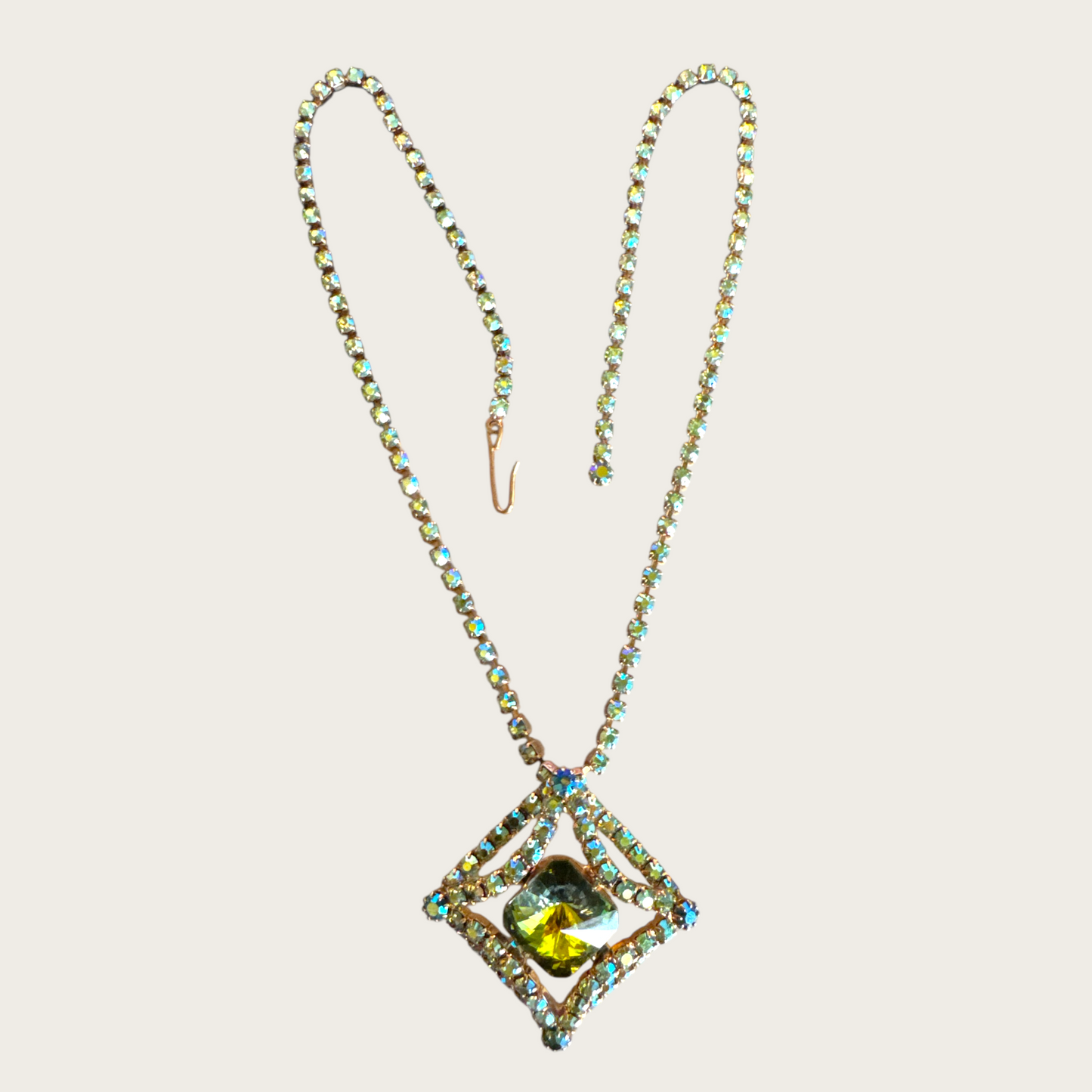 Vintage Domed Rhinestone Statement Necklace – Rare Square Rivoli Center with AB Green & Blue Stones, 1950s