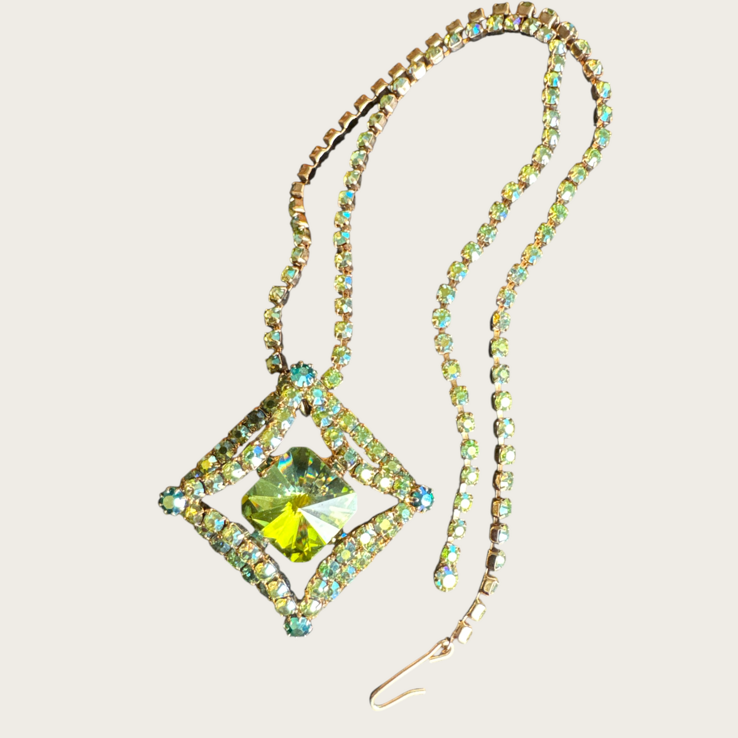 Vintage Domed Rhinestone Statement Necklace – Rare Square Rivoli Center with AB Green & Blue Stones, 1950s
