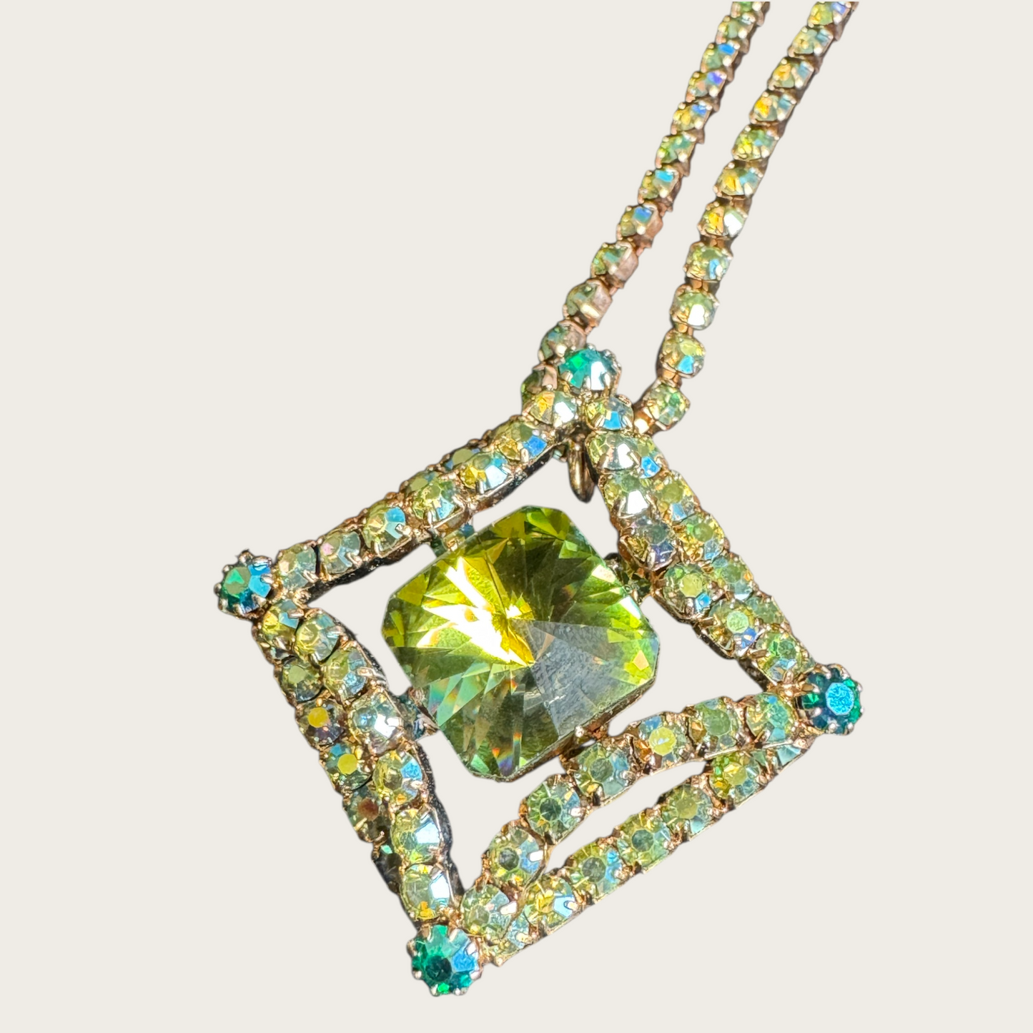 Vintage Domed Rhinestone Statement Necklace – Rare Square Rivoli Center with AB Green & Blue Stones, 1950s