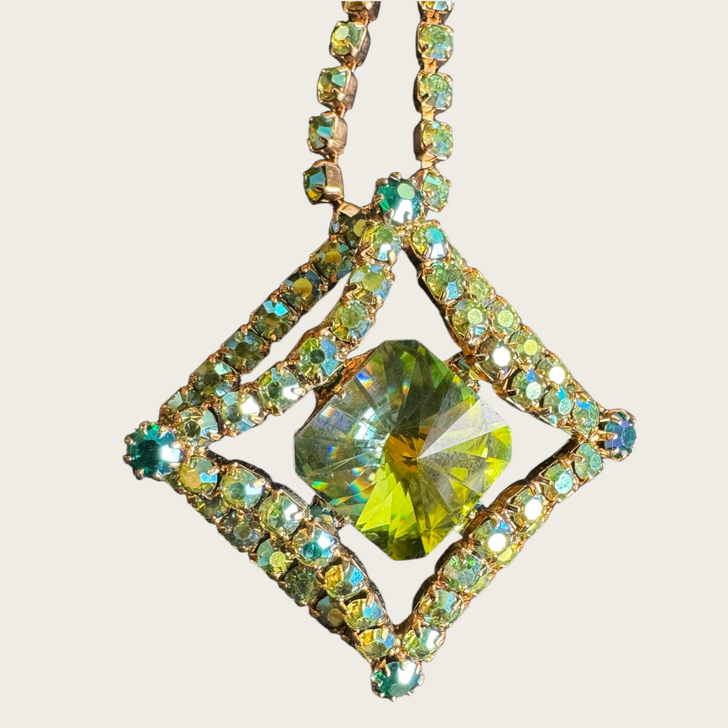 Vintage Domed Rhinestone Statement Necklace – Rare Square Rivoli Center with AB Green & Blue Stones, 1950s