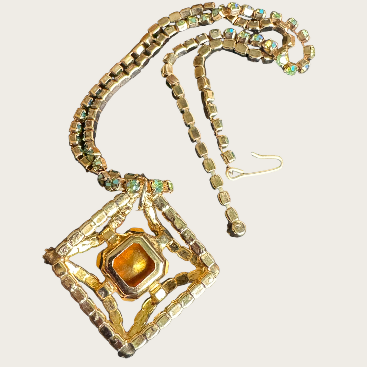 Vintage Domed Rhinestone Statement Necklace – Rare Square Rivoli Center with AB Green & Blue Stones, 1950s