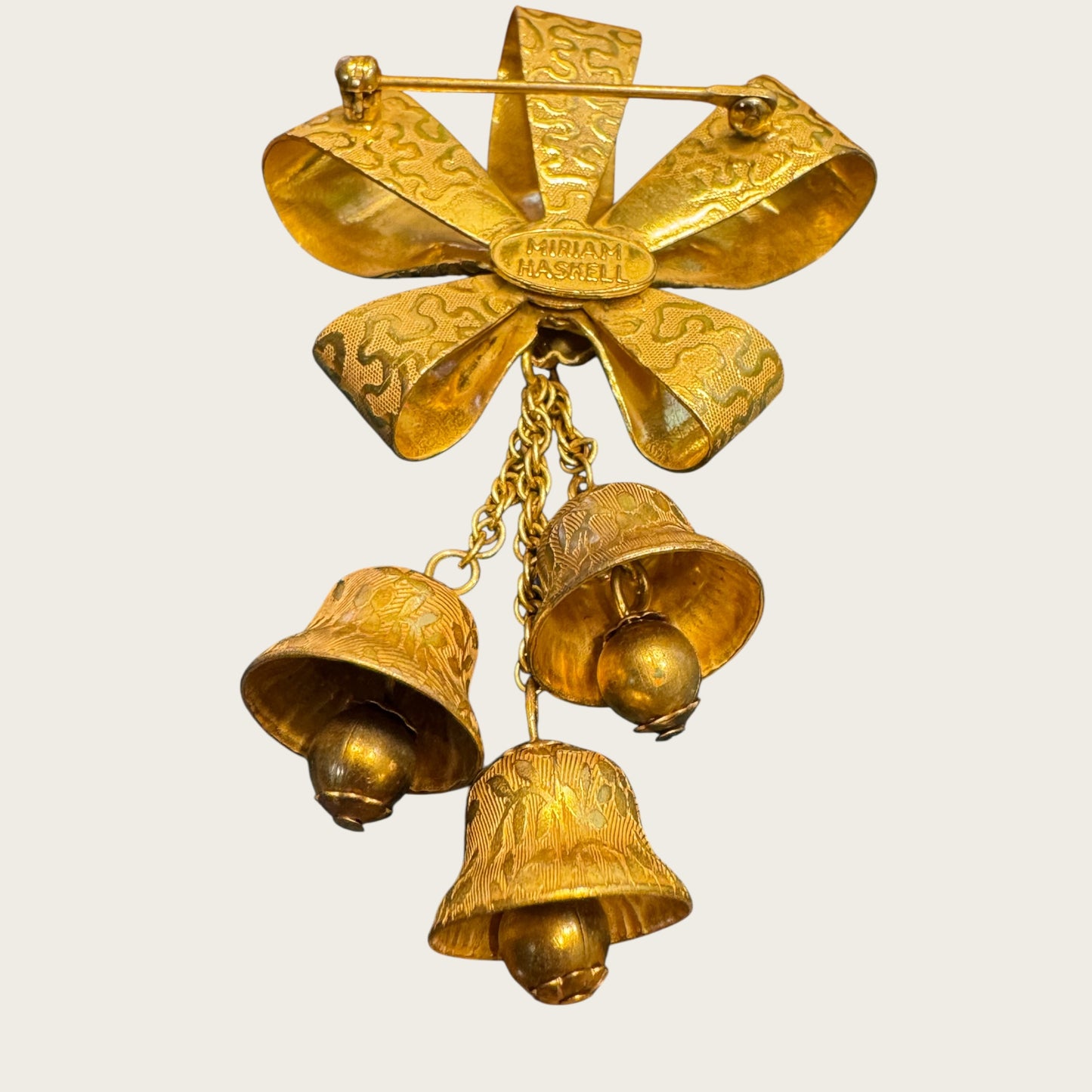 Miriam Haskell Gold Bow & Dangling Bell Brooch – Signed Vintage