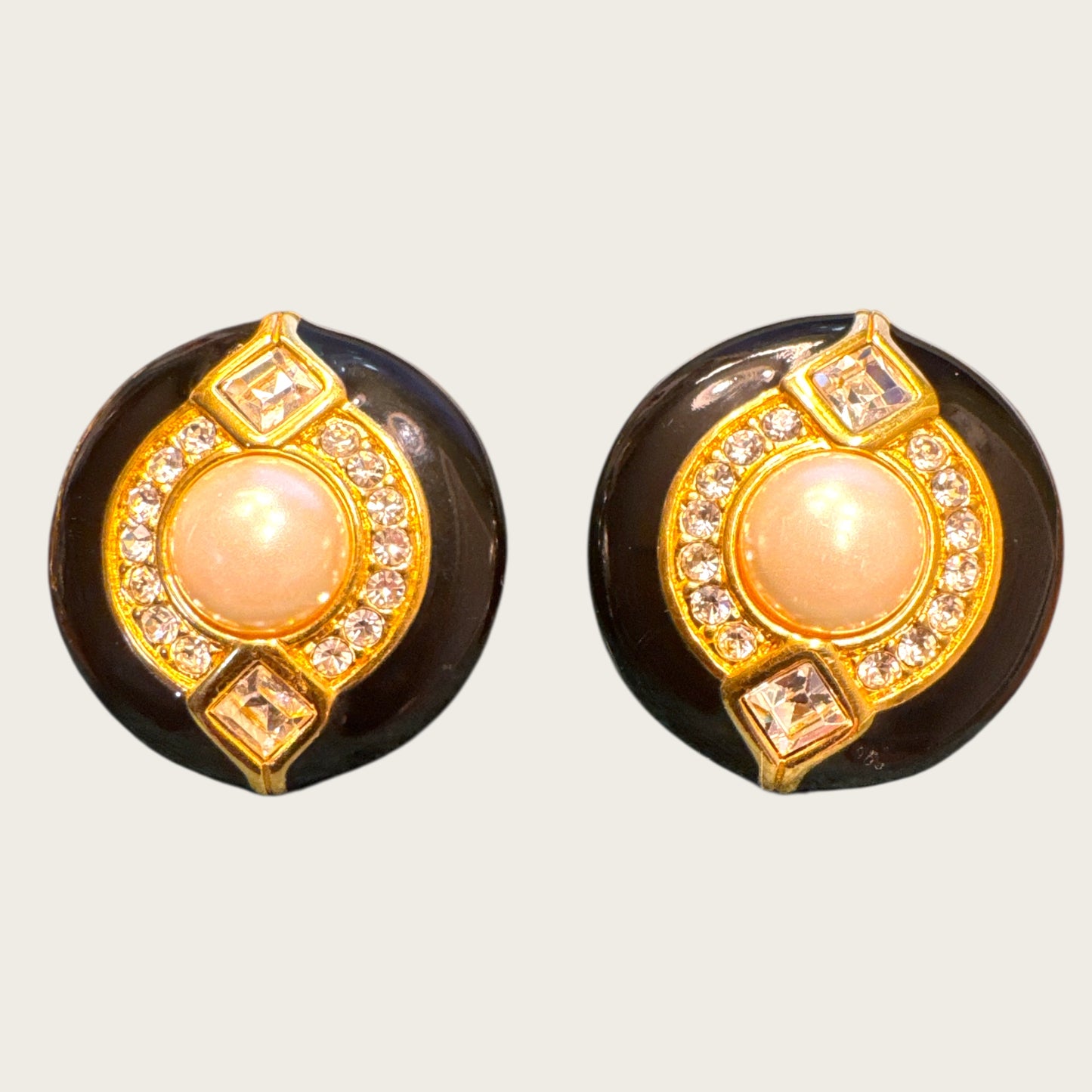 Vintage Swarovski Black Enamel & Crystal Earrings – Signed, Post Back