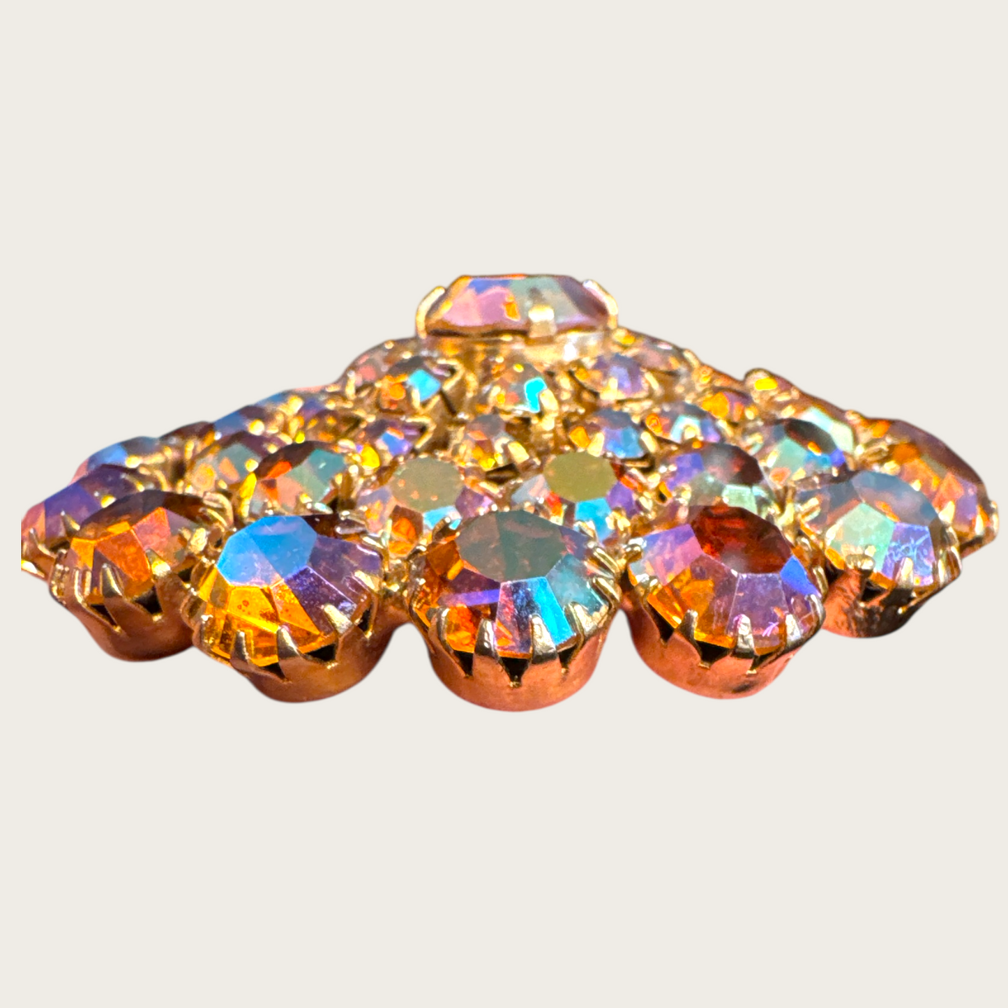 Vintage Amber Aurora Borealis Rhinestone Domed Brooch – Gold Tone Round Pin, 1950s