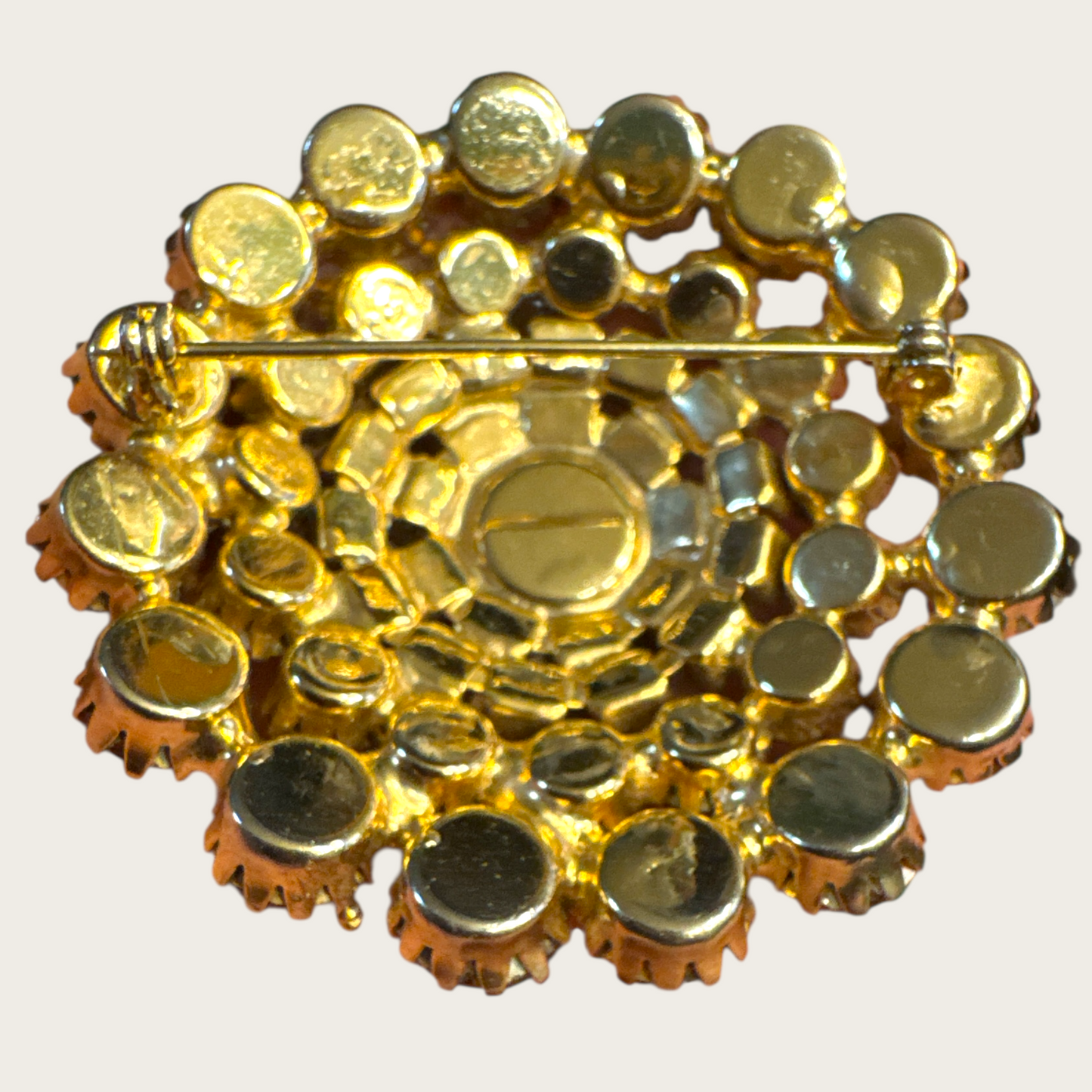 Vintage Amber Aurora Borealis Rhinestone Domed Brooch – Gold Tone Round Pin, 1950s