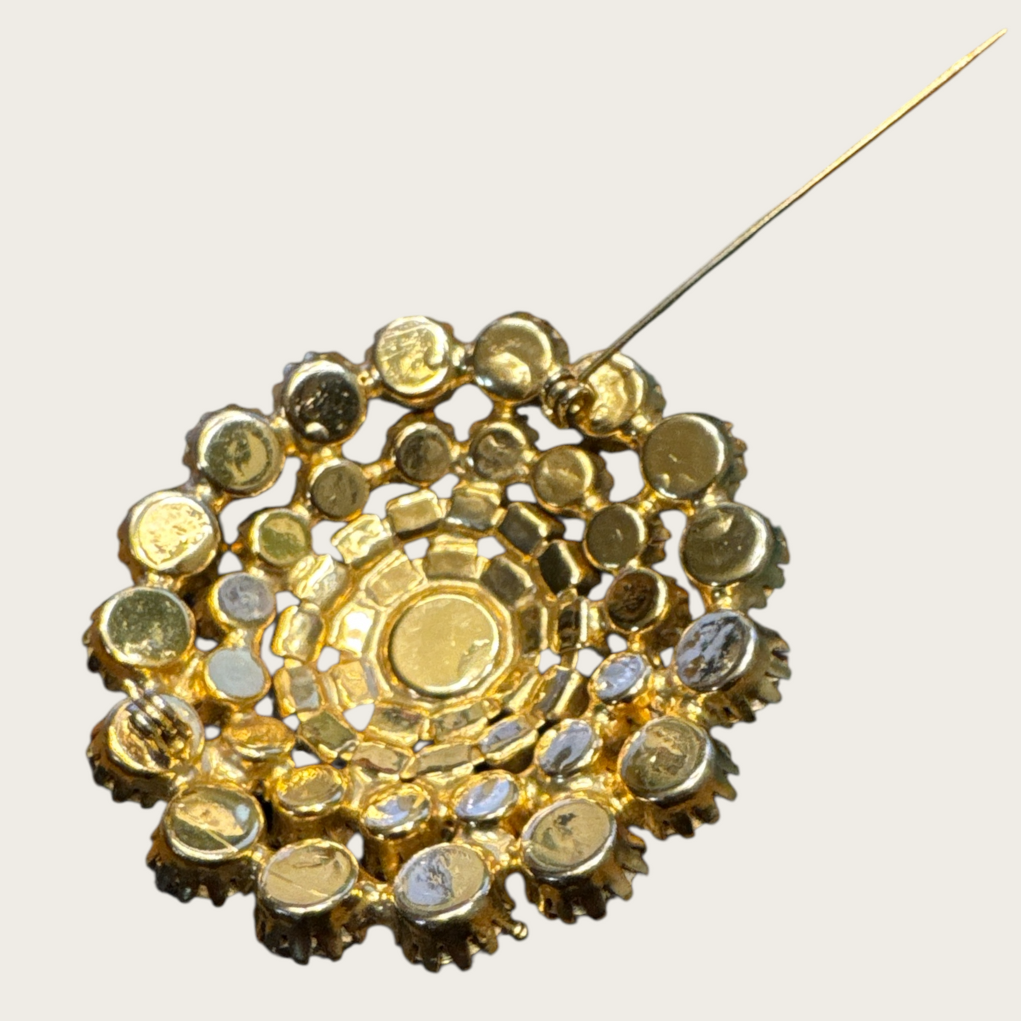 Vintage Amber Aurora Borealis Rhinestone Domed Brooch – Gold Tone Round Pin, 1950s