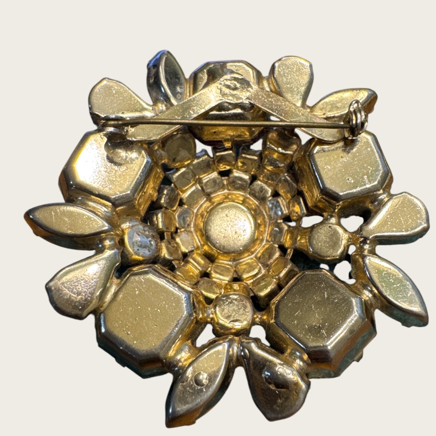 Vintage Ruby Red Domed Rhinestone Brooch – 2 ½ Inch Gold Tone Floral Statement Pin, 1950s