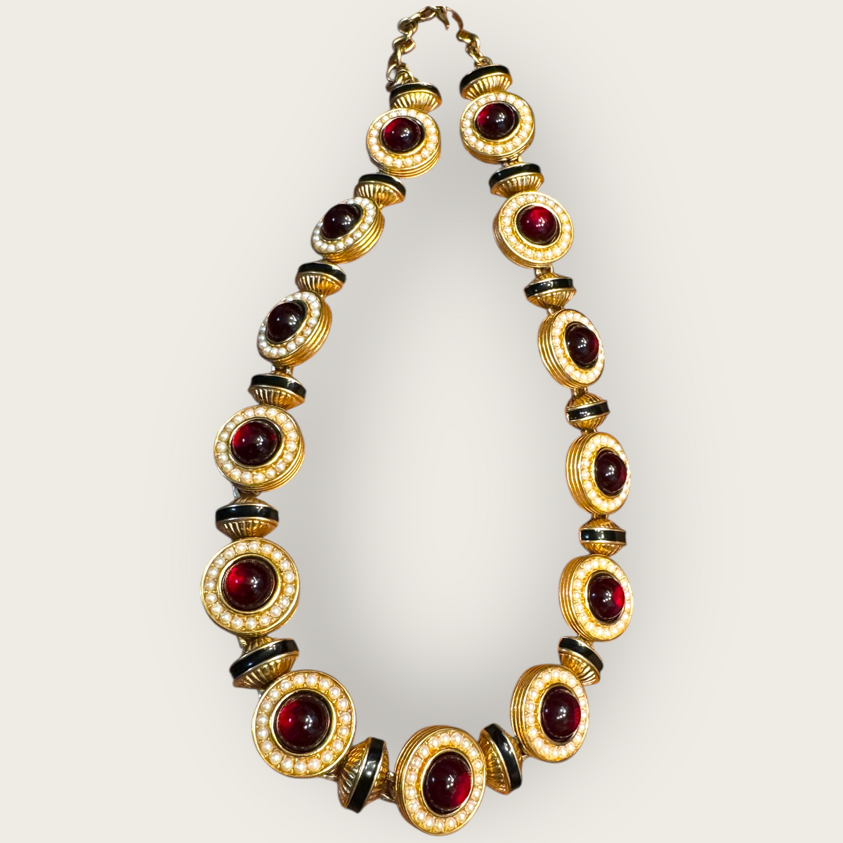 Vintage Monet Gripoix-Style Red Cabochon & Faux Pearl Statement Collar Necklace — Black Enamel, Signed